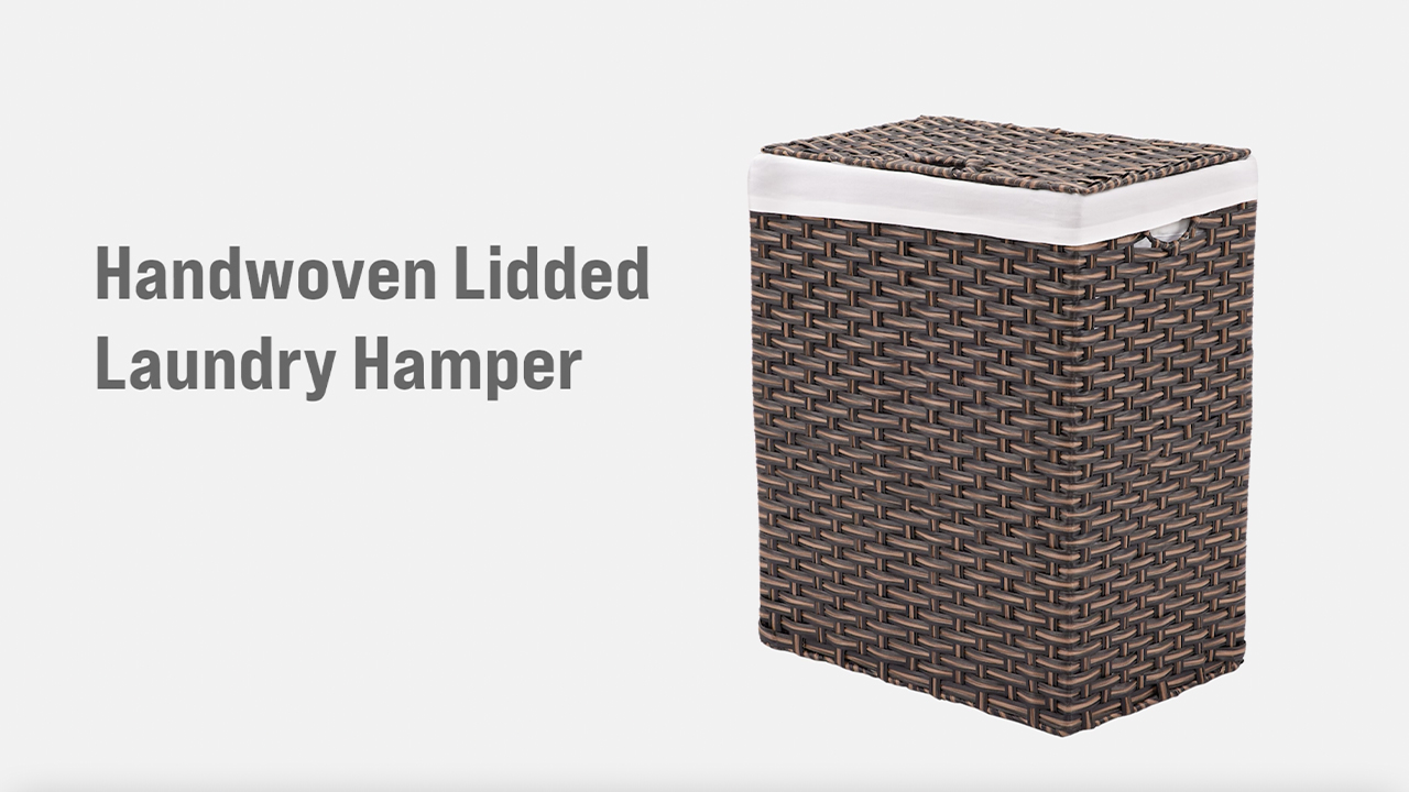 thumbnail video image 2 of Seville Classics Handwoven Lidded Removable Washable Canvas Liner Portable Laundry Hamper Bin, Mocha Brown, 2 of 8
