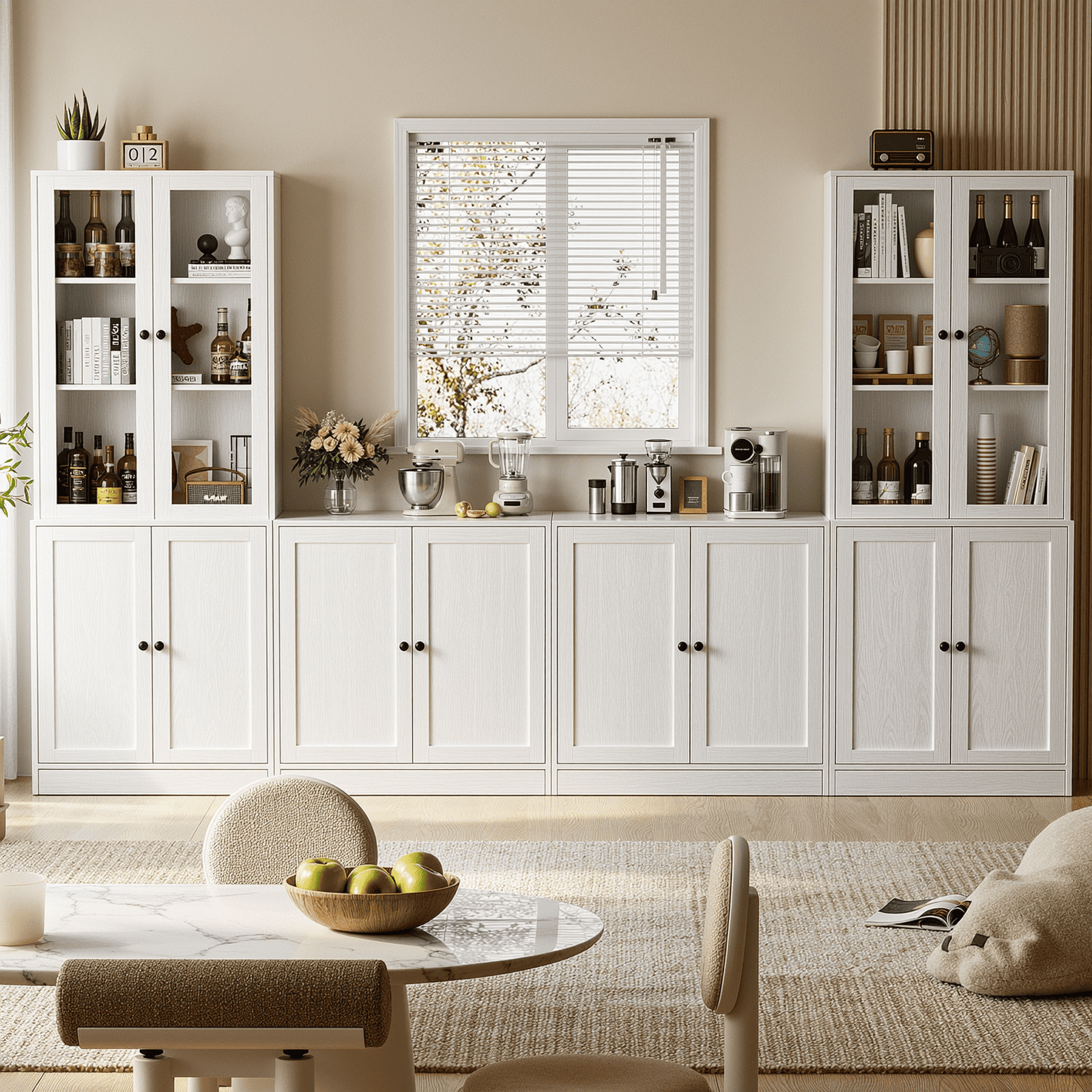 thumbnail video image 2 of RichYa Kitchen Pantry Storage Cabinets,94.4''W Modular Furniture Cabinets with Hutch,Sideboard Buffet Cabinet with Doors and Shelves for Dining Room,Living Room,White, 2 of 10