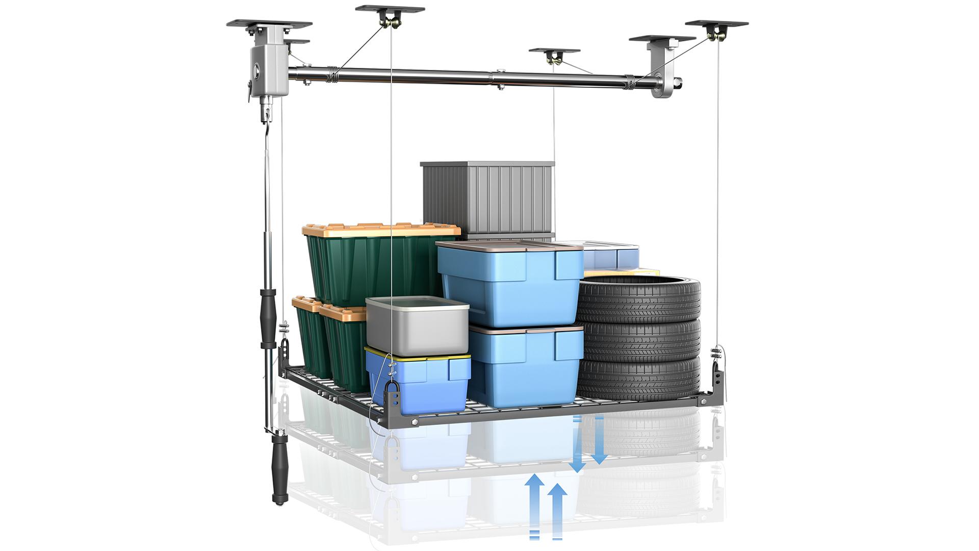 thumbnail video image 2 of GIOTORENT 4x4FT Ceiling Storage Racks Lift,Overhead Garage Storage Rack,Adjustable Organization System,Workshops or Basements(Black), 2 of 10