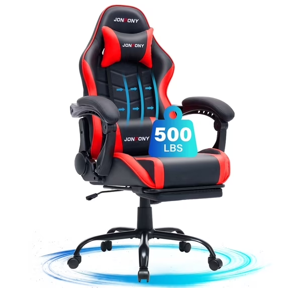 thumbnail video image 2 of JONPONY 500LBS Big & Tall Gaming Chair, Ergonomic High-Back Gamer Chair with Footrest Lumbar Support, PU Leather Office Computer Chair for Long Sitting, Red, 2 of 9