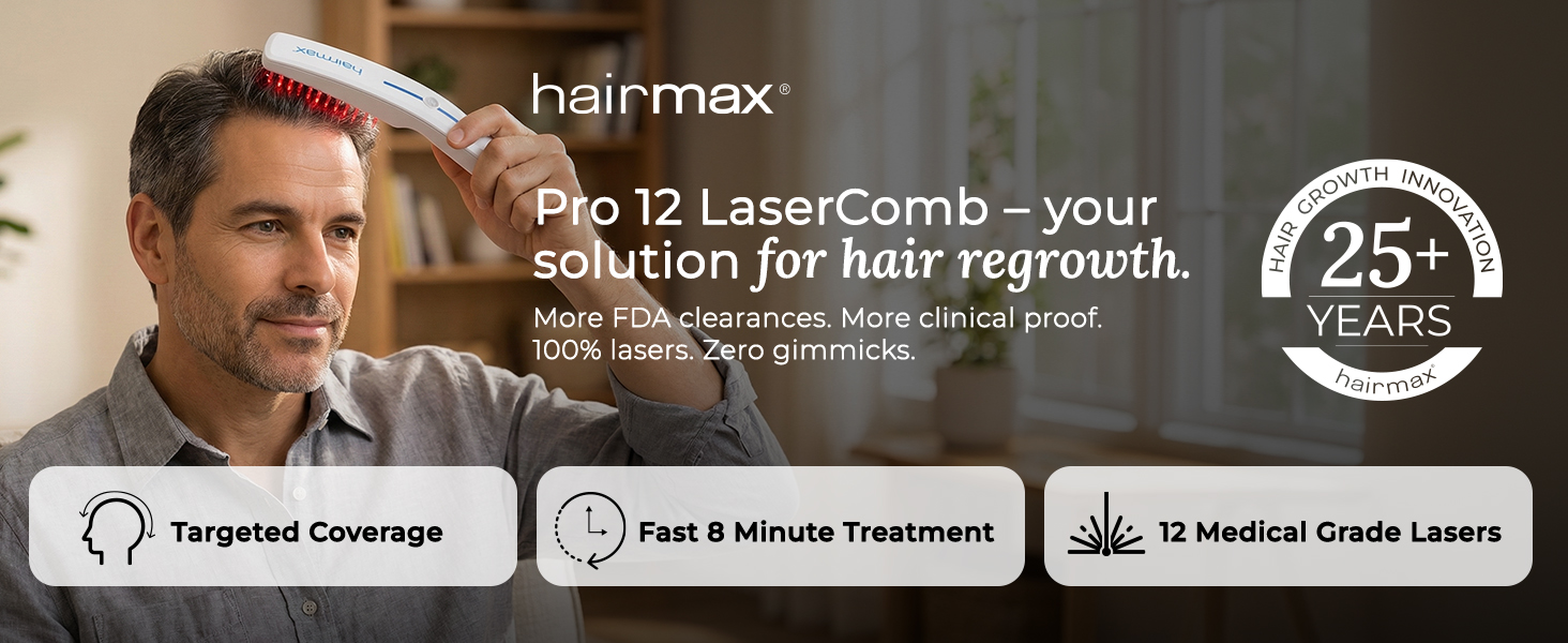 thumbnail video image 2 of Hairmax Pro 12 (FDA Cleared) Cordless Laser Comb Hair Regrowth Treatment Device for Men & Women (Blue), 2 of 12
