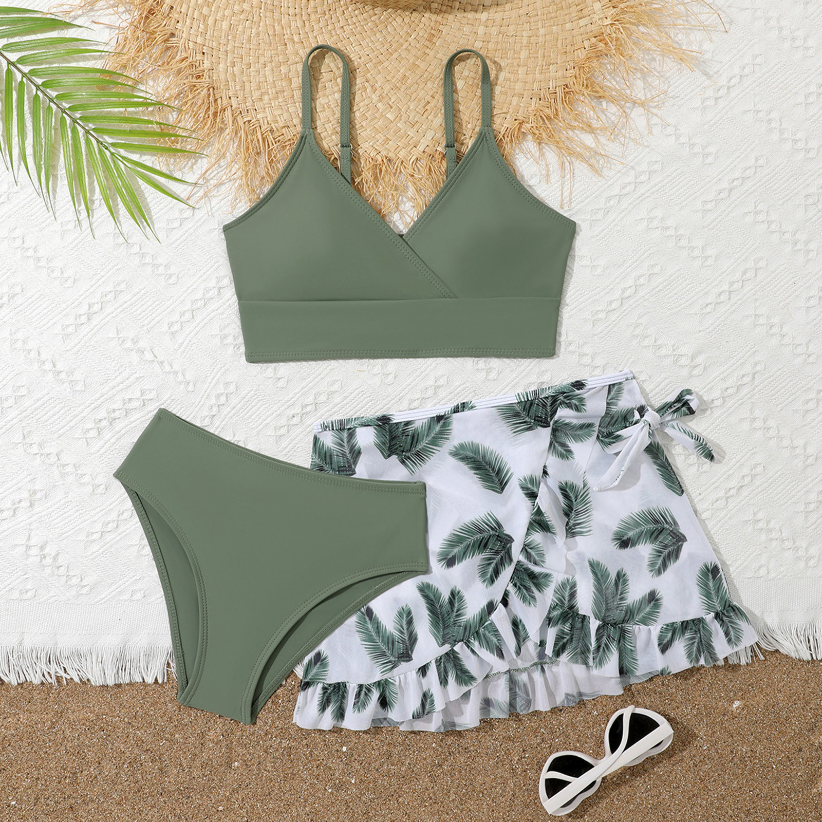 thumbnail video image 2 of SGMVNU Girls 3 Piece Swimsuit, Strappy Printed Bikini Set Bathing Suit with Mesh Cover Ups Skirt, Beach Swimwear Set (5-Black, Size 15-16 Years), 2 of 7