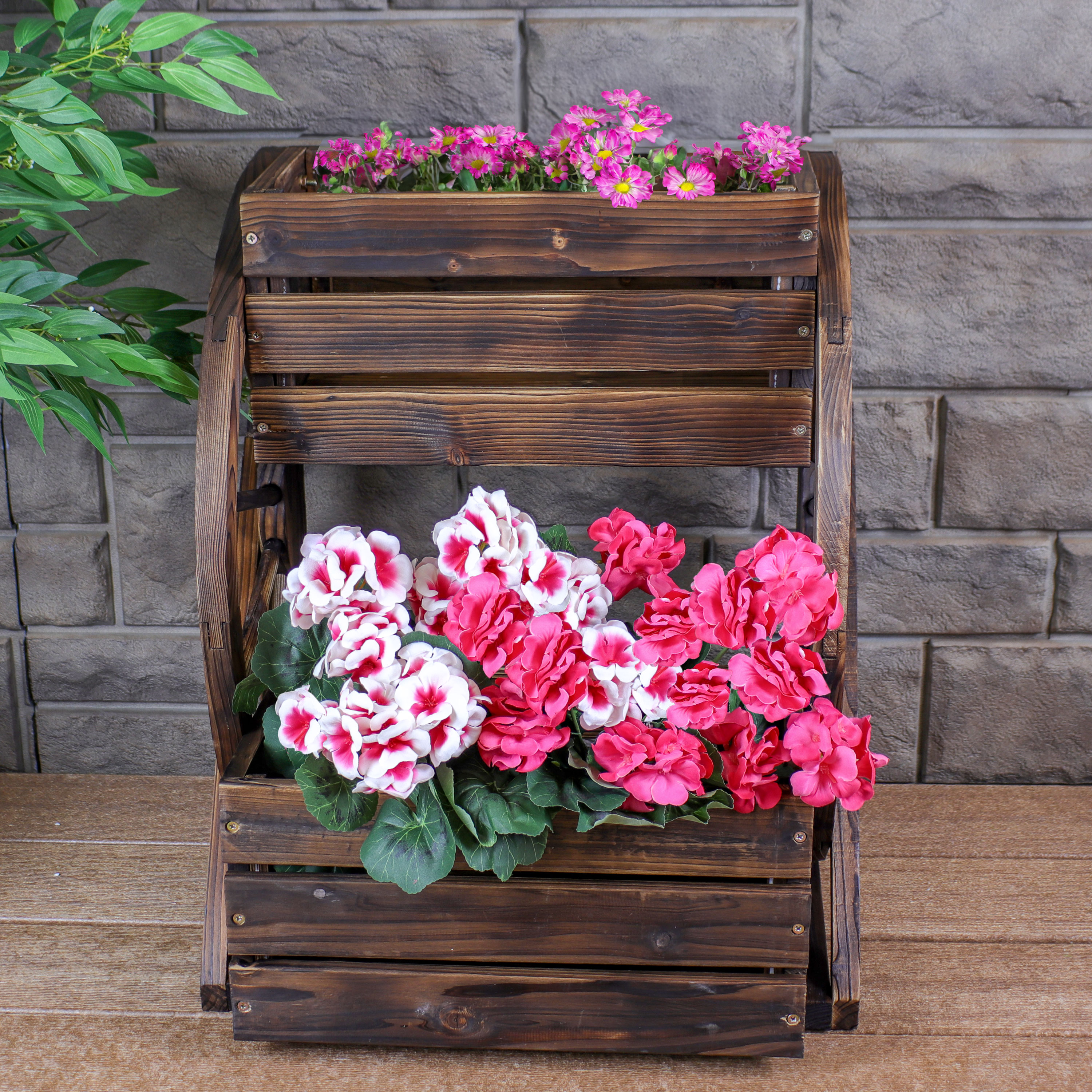 thumbnail video image 2 of Sunnydaze Rustic Wagon Wheel 33.75" x 21.75" x 49.25" 2-Tier Natural Wooden Plant Stand, 2 of 7