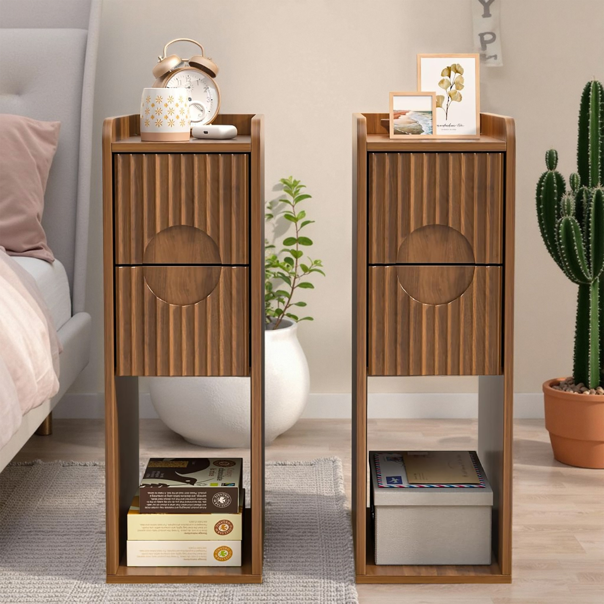 thumbnail video image 2 of Narrow Fluted Nightstand with 2 Drawers and Open Shelf, Wooden Nightstand End Table for Bedroom, Living Room, 2-Pack(Natural), 2 of 9