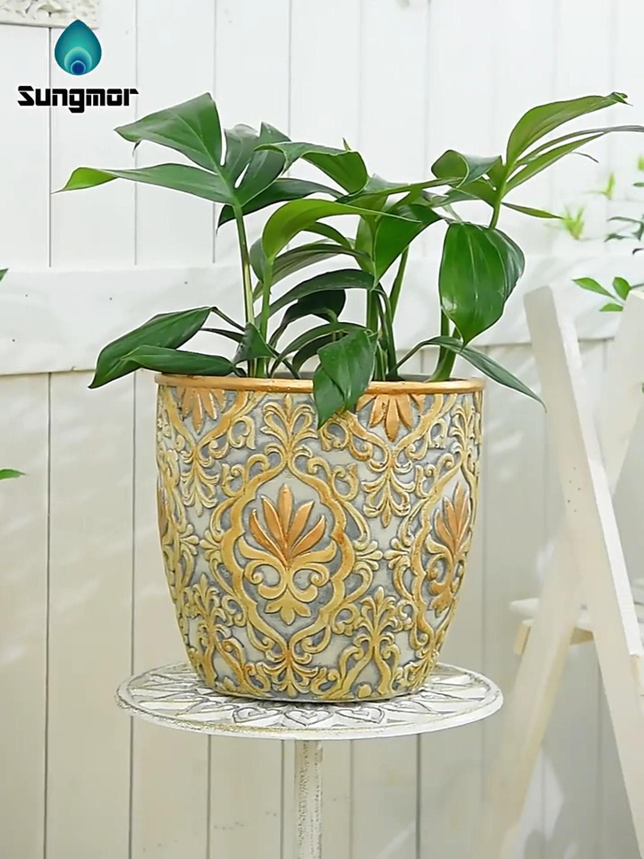 thumbnail video image 2 of Sungmor Large Heavy Duty Cement Planters, Beautiful Embossed Concrete Garden Pots, 8" & 10" Set of 2 Plant Pots with Drainage Hole, Home Garden Decorative Flower Pots for Indoor Outdoor Plants Floral, 2 of 9