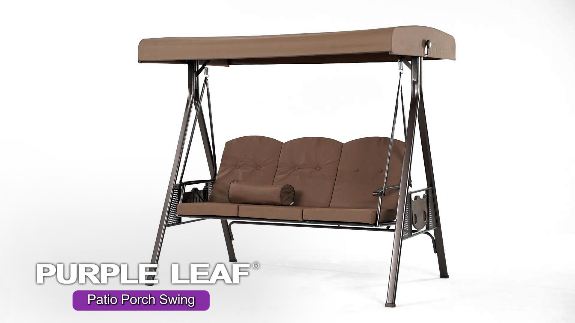 thumbnail video image 2 of PURPLE LEAF 3 Seat Deluxe Outdoor Patio Porch Swing with Weather Resistant Steel Frame, Adjustable Tilt Canopy, Cushions and Pillow Included, Khaki, 2 of 12