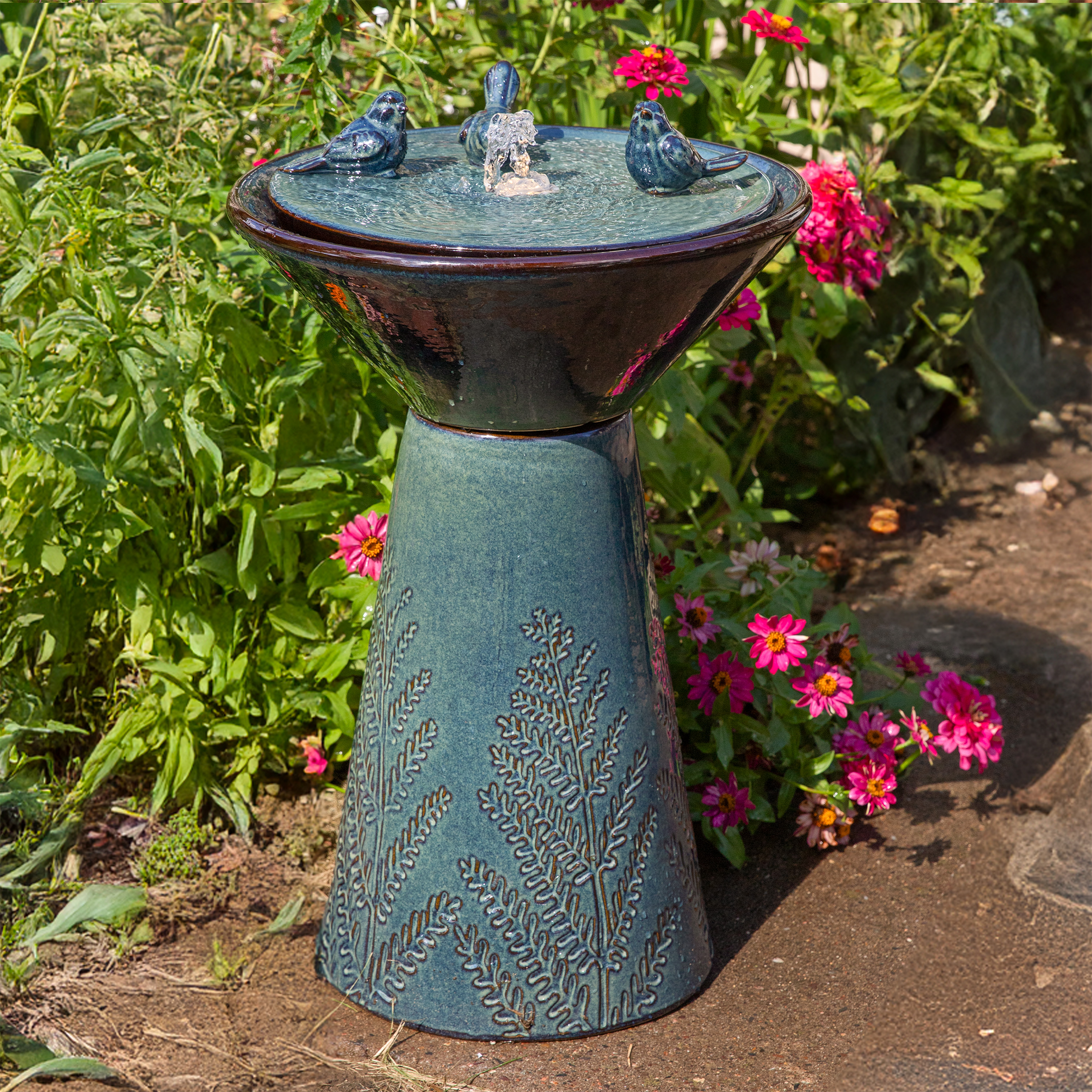 thumbnail video image 2 of Sunnydaze Gathering Birds Ceramic Outdoor Water Fountain with Light, 2 of 15