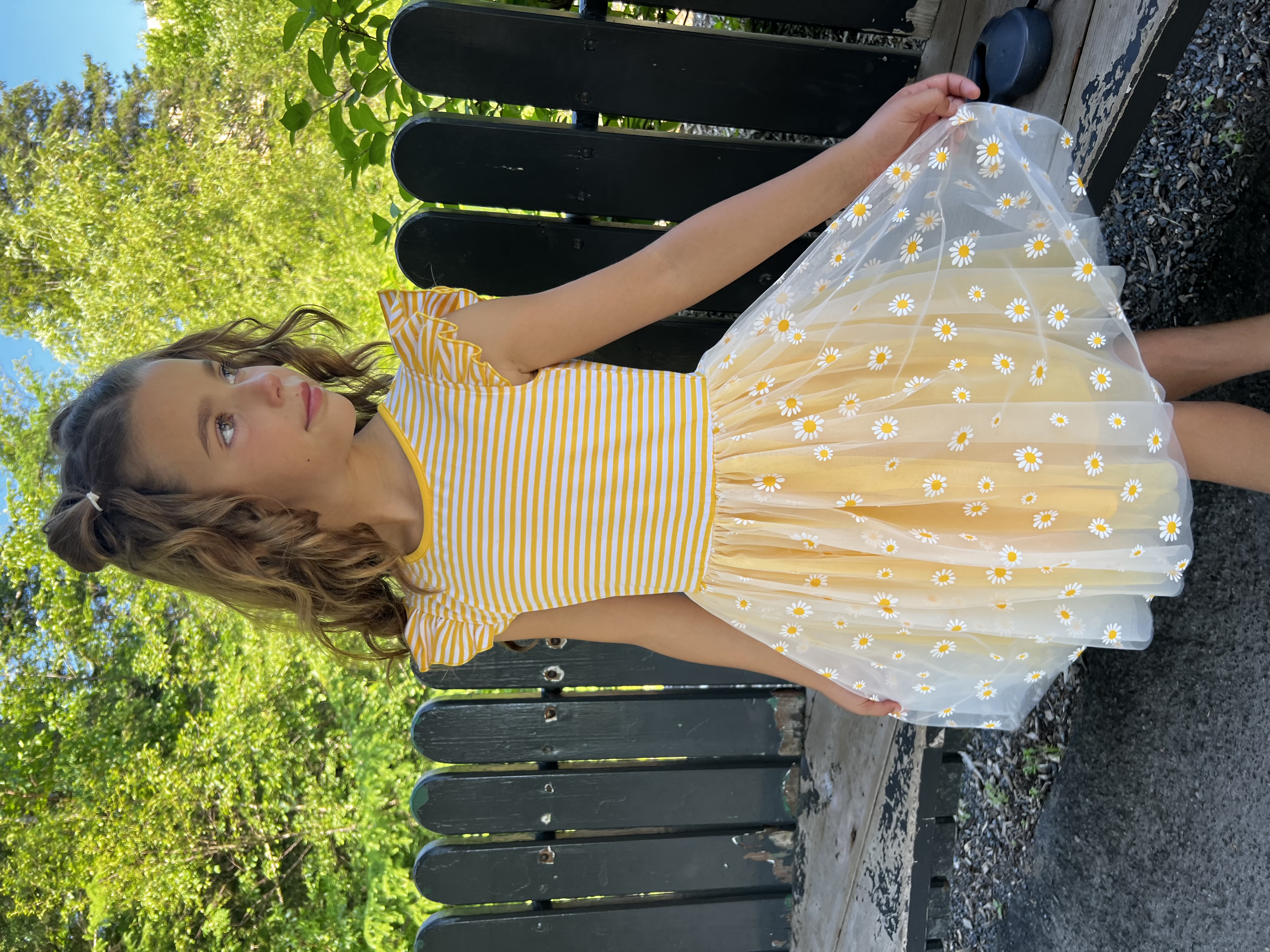 thumbnail video image 2 of Girls Dress Yellow Striped Daisy Flower Ruffle Tulle Party Holiday Cotton 7 Years, 2 of 8