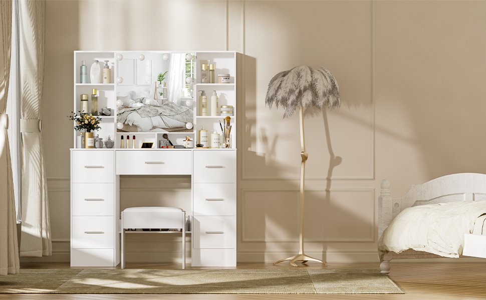 thumbnail video image 2 of Yamissi Makeup Table Set with Mirror, 10 LED Lights, 7 Drawers Vanity Dressing Table and Stool, Modern Vanity Desk for Women, White, 2 of 10