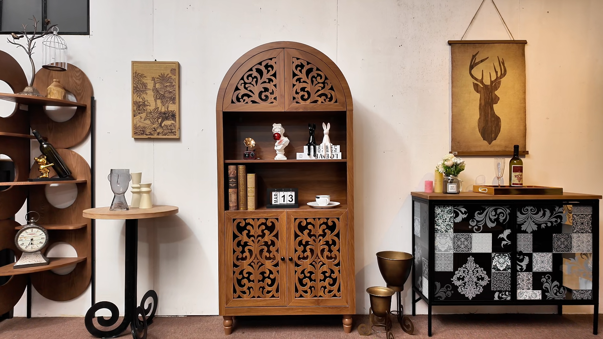 thumbnail video image 2 of MIDOQIN 67" Tall Arched Bookshelf, 5-Tier Vintage Arched Carved Bookcase for Home Office, Living Room, 2 of 12