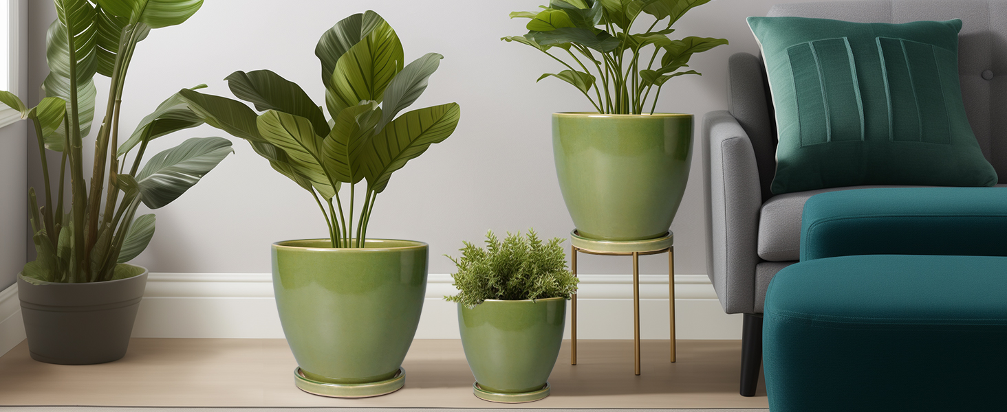 thumbnail video image 2 of Epfamily 8-Inch Green Ceramic Planter Pot with Saucer | Modern Indoor Outdoor Pot for All Houseplants, Flowers & Succulents, 2 of 7