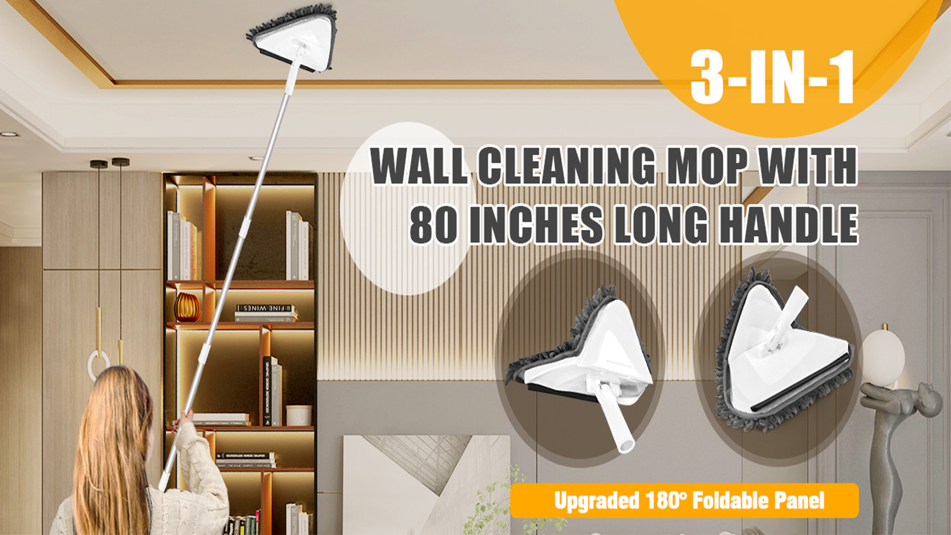 thumbnail video image 2 of JEHONN Wall Mop with Long Handle 80 inches, 1 Microfiber and 1 Chenille Pad (White), 2 of 7