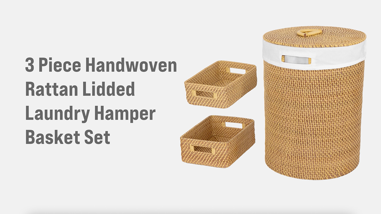 thumbnail video image 2 of Seville Classics 3-Piece Handwoven Rattan Lidded Laundry Hamper Basket Set, 2 of 16