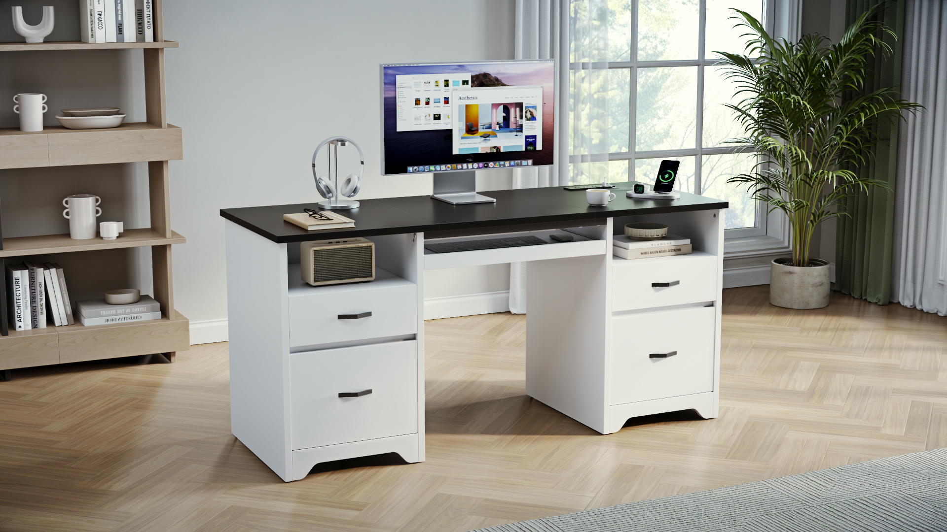 thumbnail video image 2 of Bestier 59''Computer Desk with 4 Drawers,Office Desk with Storage,Modern Executive Desk with File Drawer, Office Desk with Charging Station, Keyboard Tray for Home office, Study & Bedroom，White, 2 of 10
