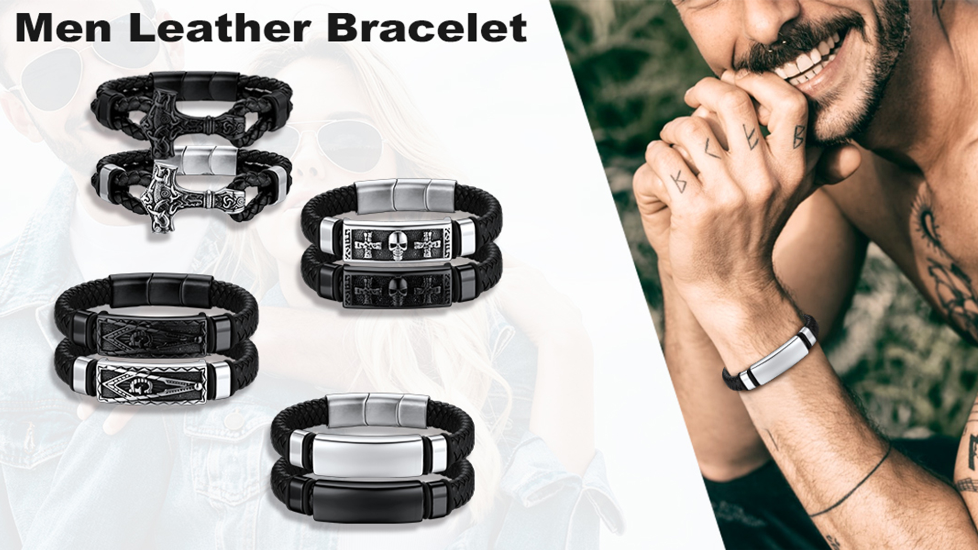 Bestyle Men's Stainless Steel Braided Leather Wristband ID