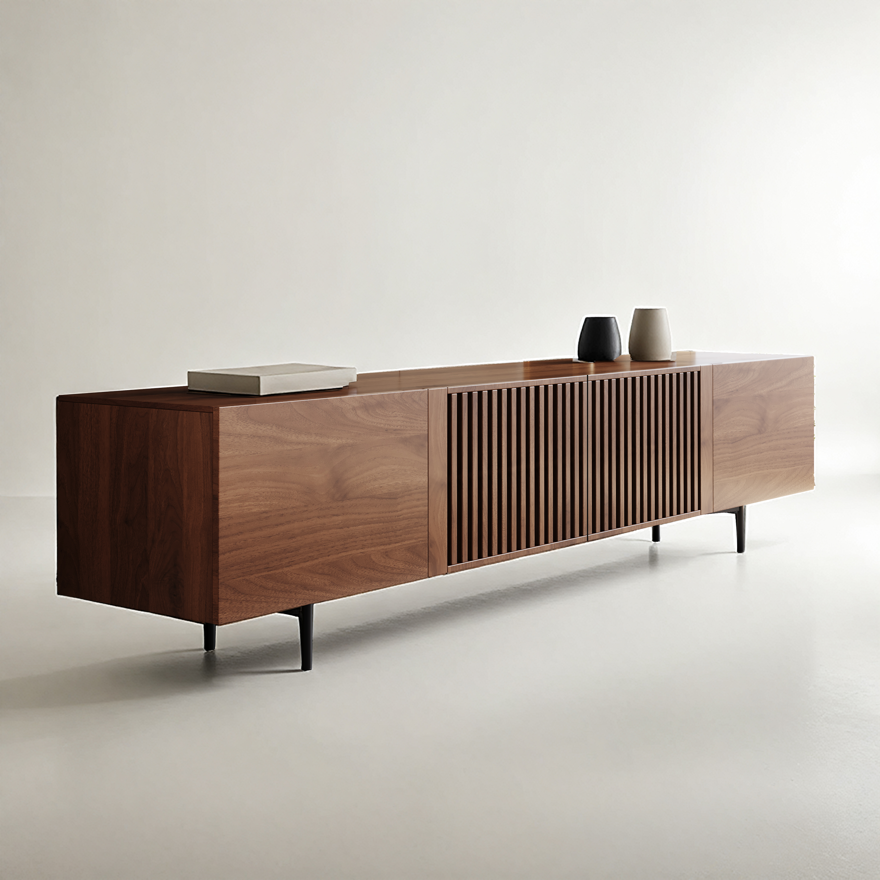 thumbnail video image 2 of NessCarsti Mid-Century Modern TV Stand for 70" TVs, 70.87" Walnut Console with Storage, 2 of 11