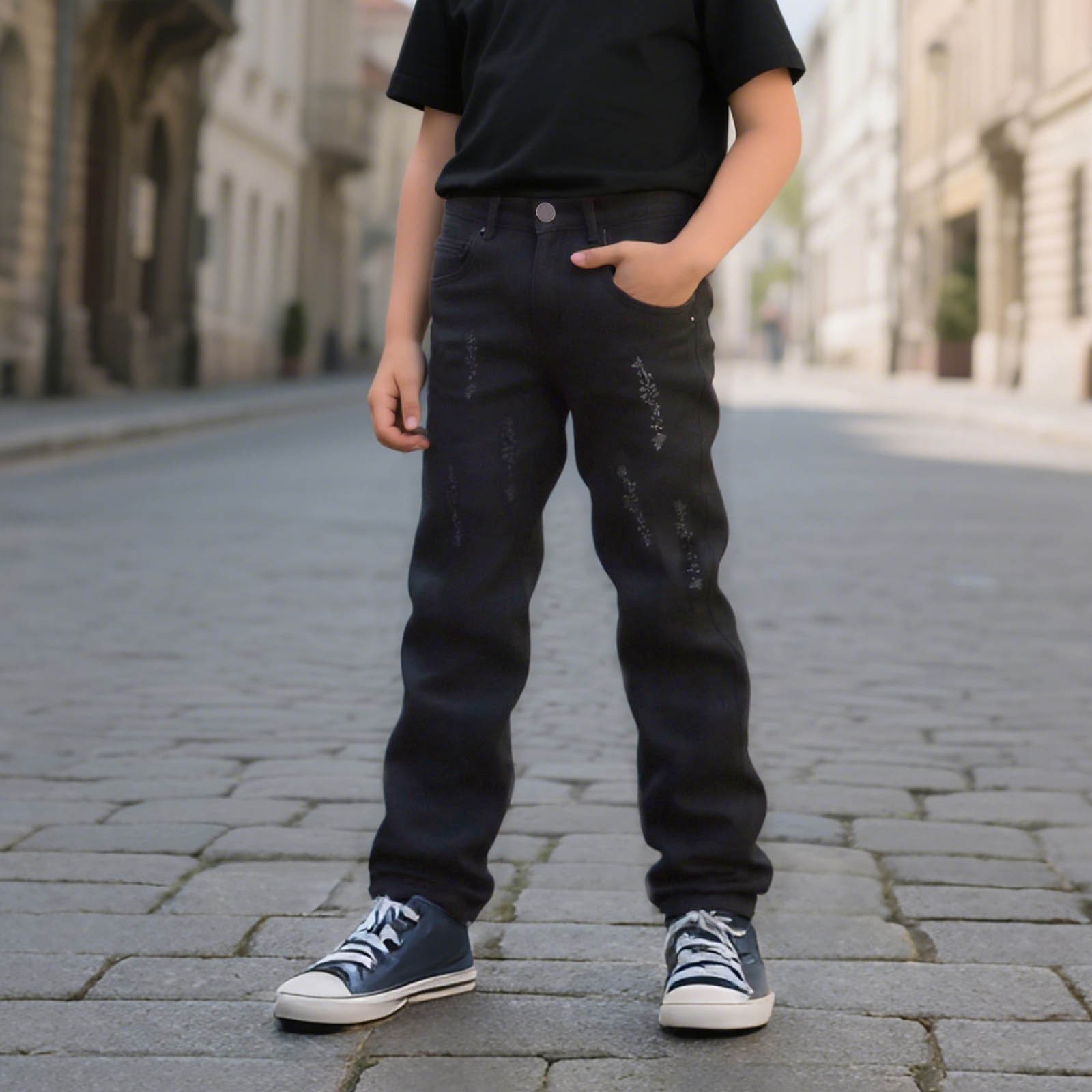 thumbnail video image 2 of WMQPNNS Boy's Ripped Jeans Straight Fit Pants Boys Cargo Pants 14-16 Distressed Fashion Denim Pants Stretch Fashion Jeans Pants Casual Streetwear(Size 5-6 Years, D-Black), 2 of 10