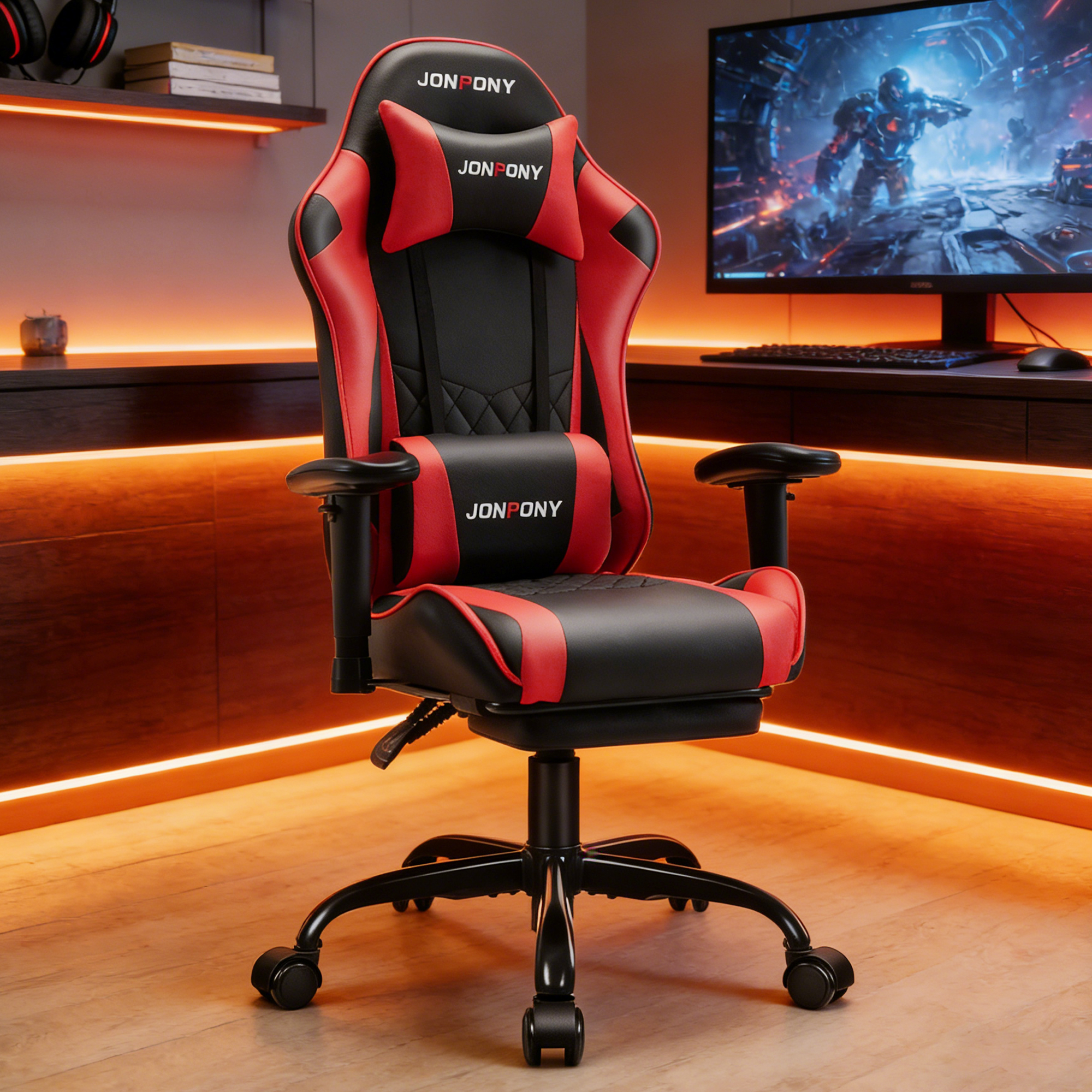 thumbnail video image 2 of JONPONY Big and Tall 500LBS Gaming Chair, Ergonomic Design with 2D Armrests,PU Leather with Footrest and Lumbar Support, High Back Office Chair Support 8 Hours Long Sitting, Computer Chair,Red, 2 of 8