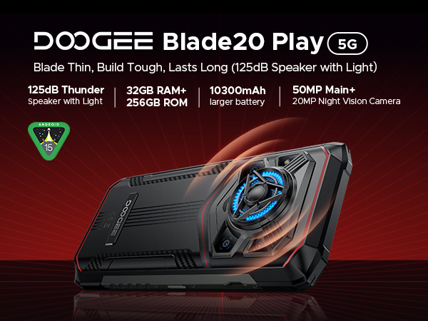 thumbnail video image 2 of DOOGEE Blade 20 Play 5G Rugged Phone, Dimensity 7050 Octa Core, 32GB+256GB,Android 15 10300mAh Rugged Smartphone with 125dB Speakers,6.6" HD + LED Light Effect,50MP+20MP+16MP,Face ID/NFC/WIFI6/OTG, 2 of 12