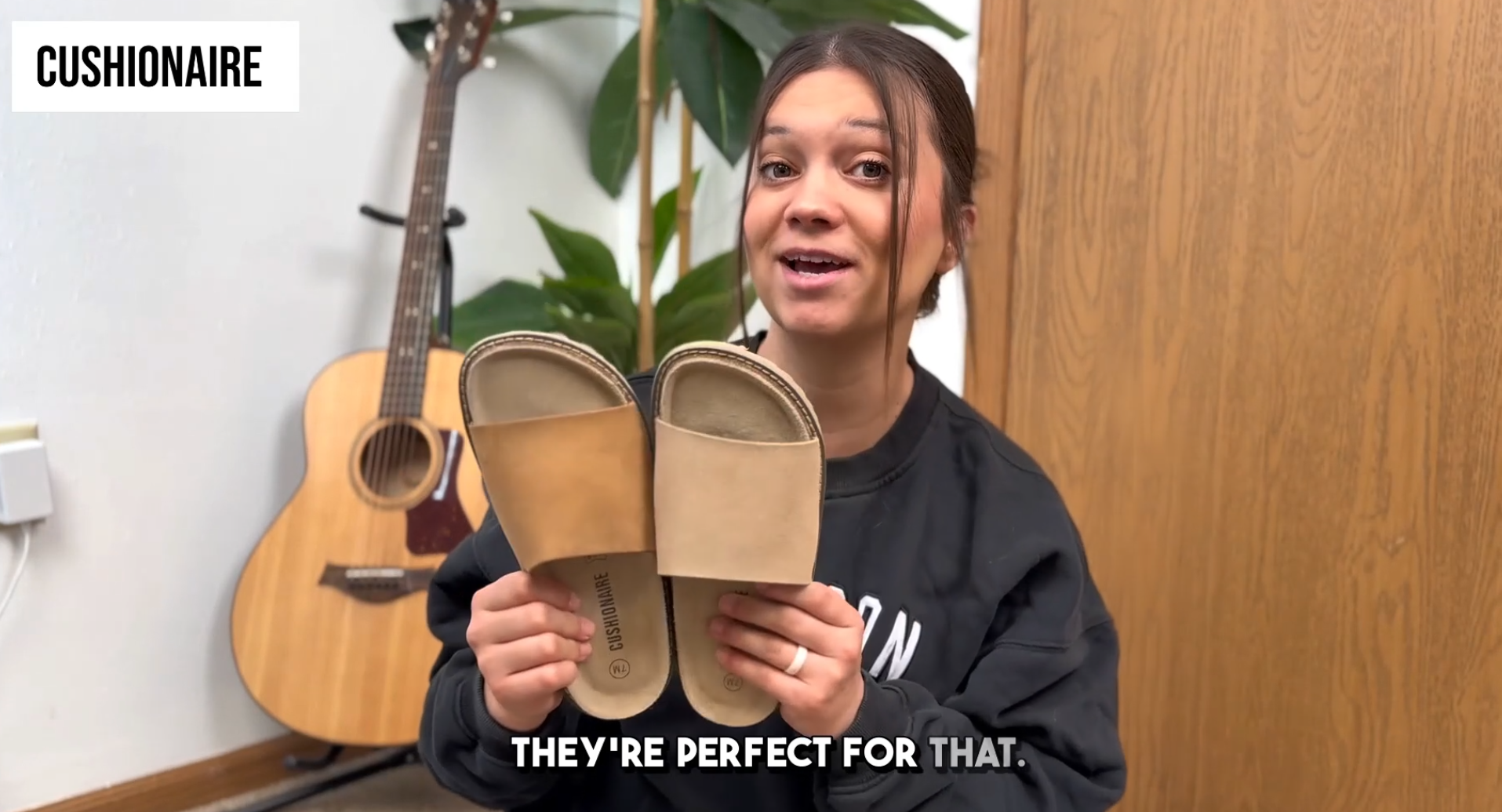 thumbnail video image 2 of Cushionaire Ritual Suede Slide Sandals for Women - Slip On Womens Leather Sandals with Cushioned Cork Footbed and Arch Support, 2 of 18