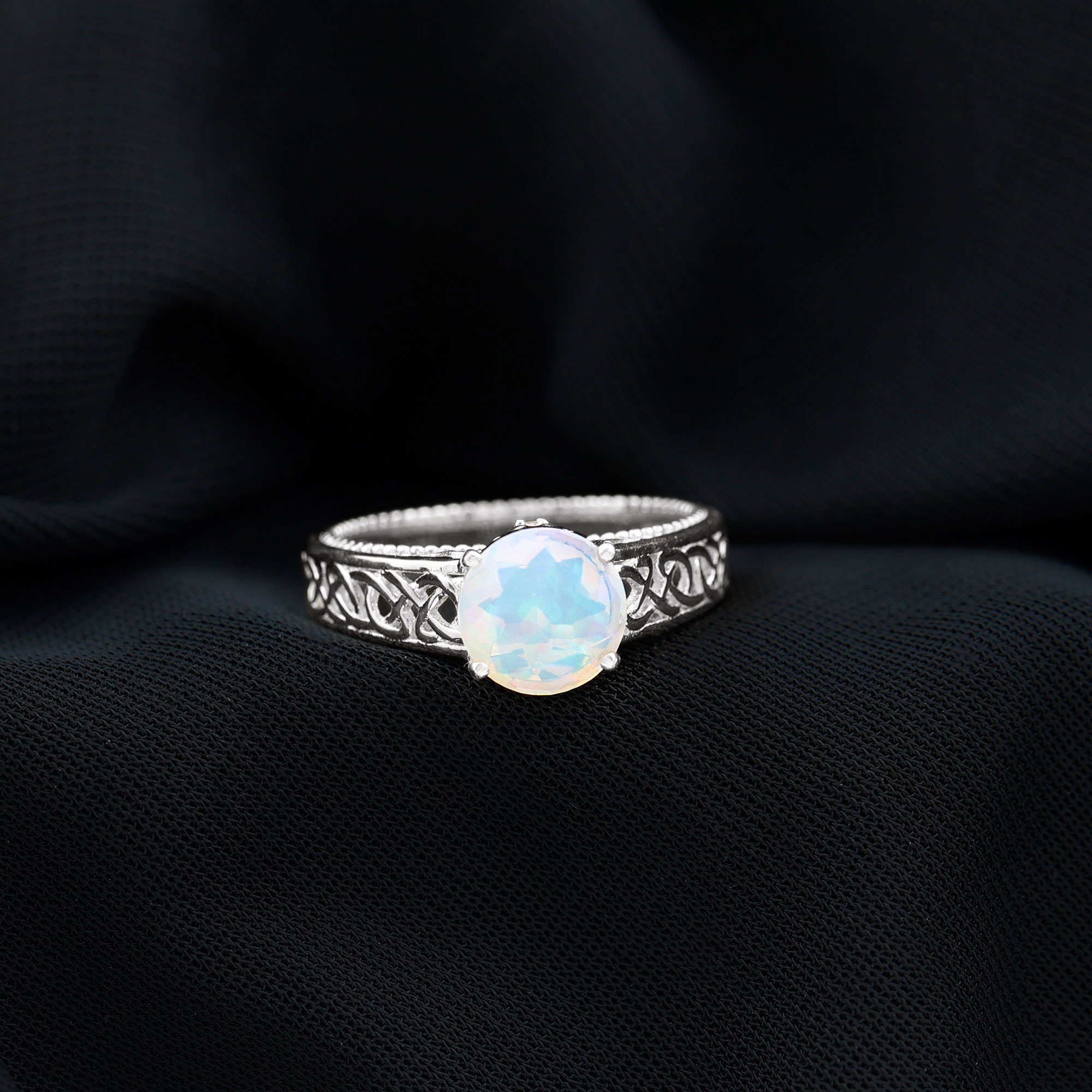 thumbnail video image 2 of Rosec Jewels Vintage Inspired Ethiopian Opal Solitaire Celtic Band Ring with Diamond (AAA Quality), 14K White Gold, US 6.00, 2 of 9