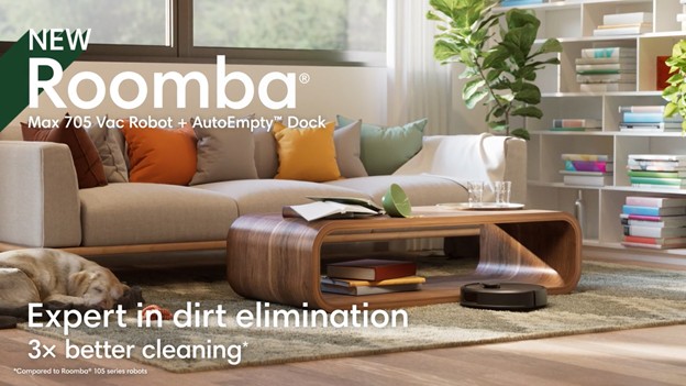thumbnail video image 2 of iRobot Roomba Max 705 Vac Robot + AutoEmpty Dock, Extreme Power-Lifting Suction, Anti-Tangle Dual Rubber Brushes, Self-Empties, Recognizes and Avoids Obstacles, LiDAR,Model W155020, 2 of 11
