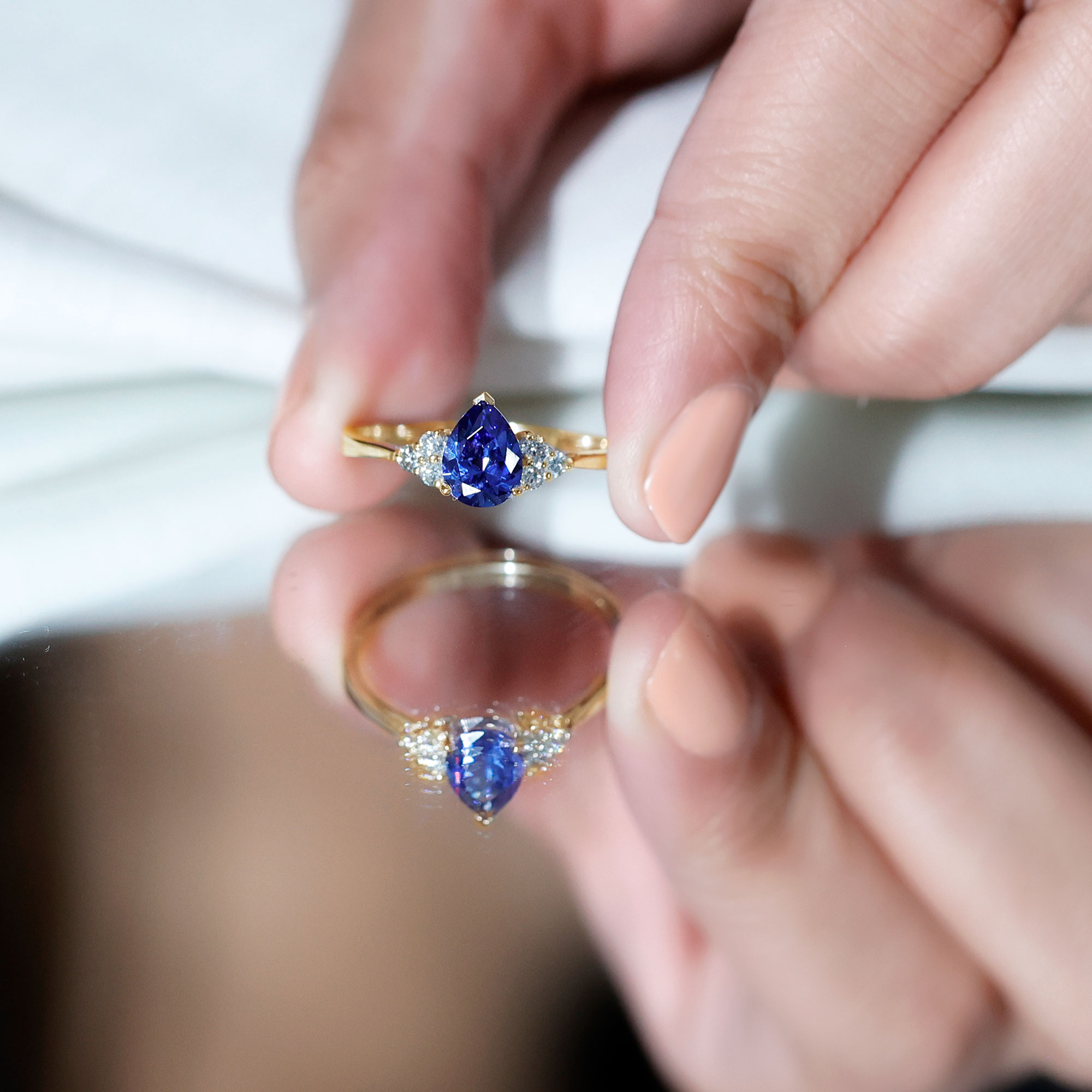 thumbnail video image 2 of Rosec Jewels Lab Grown Blue Sapphire Solitaire Ring with Diamond for Women - 5X7 MM, 18K White Gold, US 10.50, 2 of 8