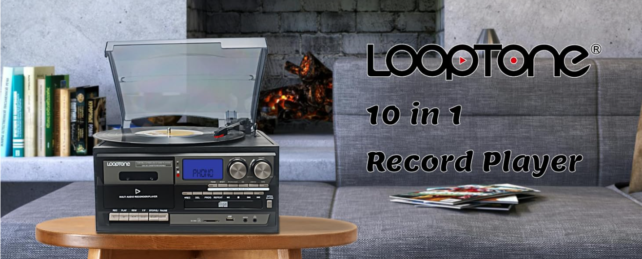 thumbnail video image 2 of Open Box LoopTone Vinyl Record Player Bluetooth in/out Turntable CD Tape Radio USB Recorder Aux in RCA Out, 2 of 9