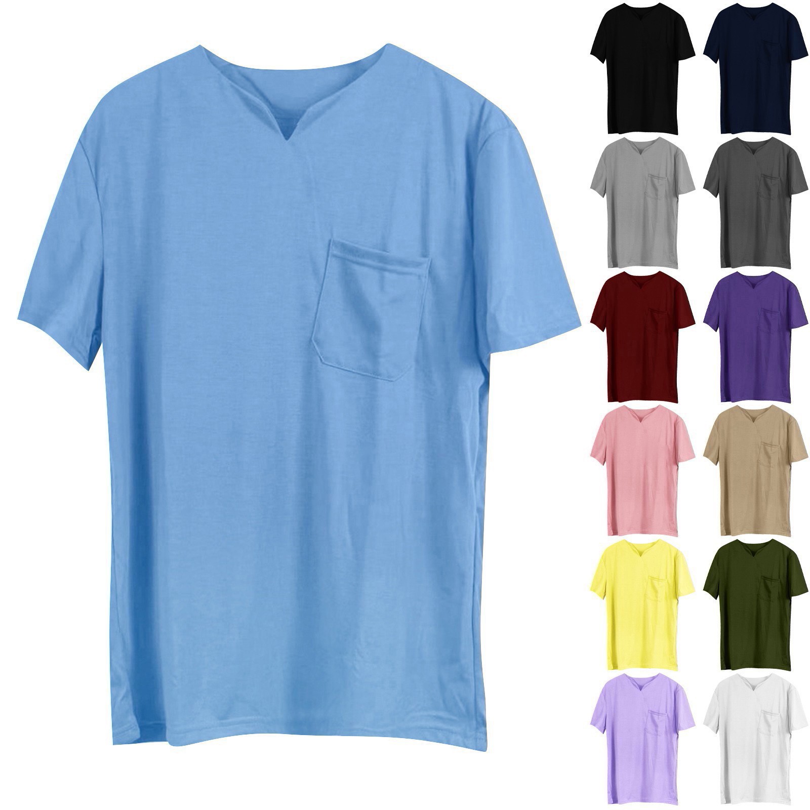 thumbnail video image 2 of GZWYHT Mens T-Shirts,Compression Shirt Men's Solid Fitness Large Sports T Shirt Men's Elastic Cotton Pocket Short Sleeve Summer V Neck Shirt V Neck T Shirts,Tshirts Shirts Purple M, 2 of 4