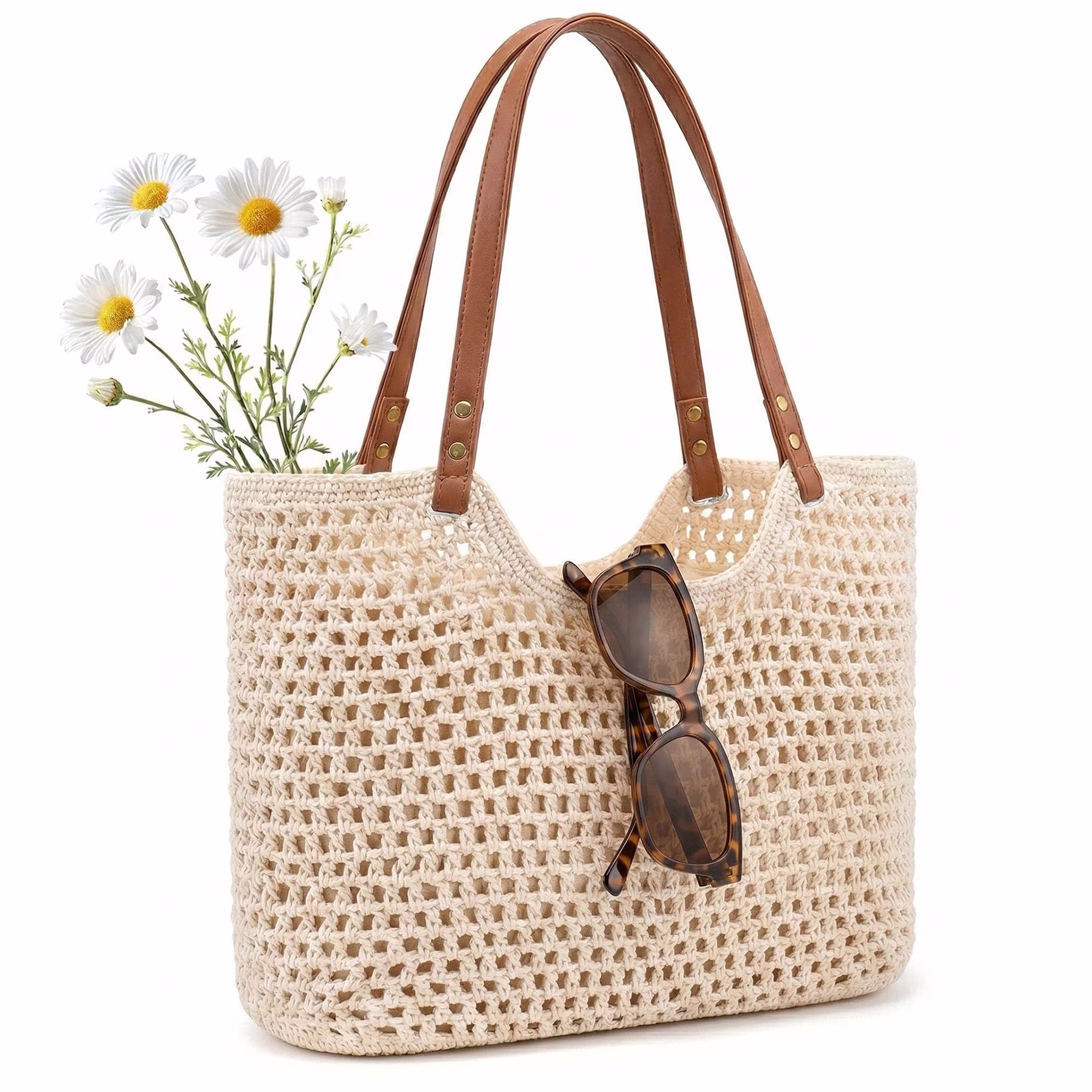 thumbnail video image 2 of AOUNQ Boho Crochet Straw Beach Tote Bag for Women, Lightweight Foldable Woven Purse with Zipper for Summer Travel, 2 of 7