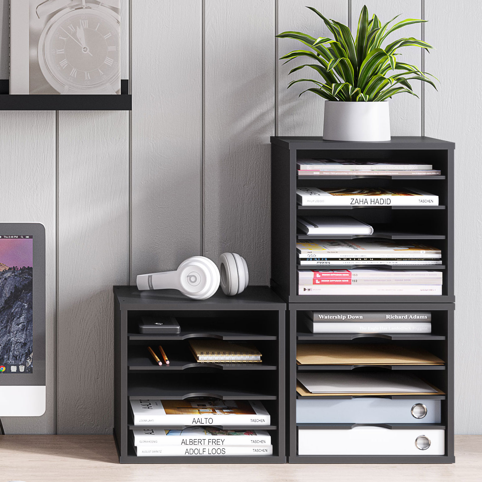 thumbnail video image 2 of Ballucci 5-Tier Paper Organizer, File Holder, Mail Sorter, Wood Stackable Letter Tray, Brushed Wood, 2 of 6