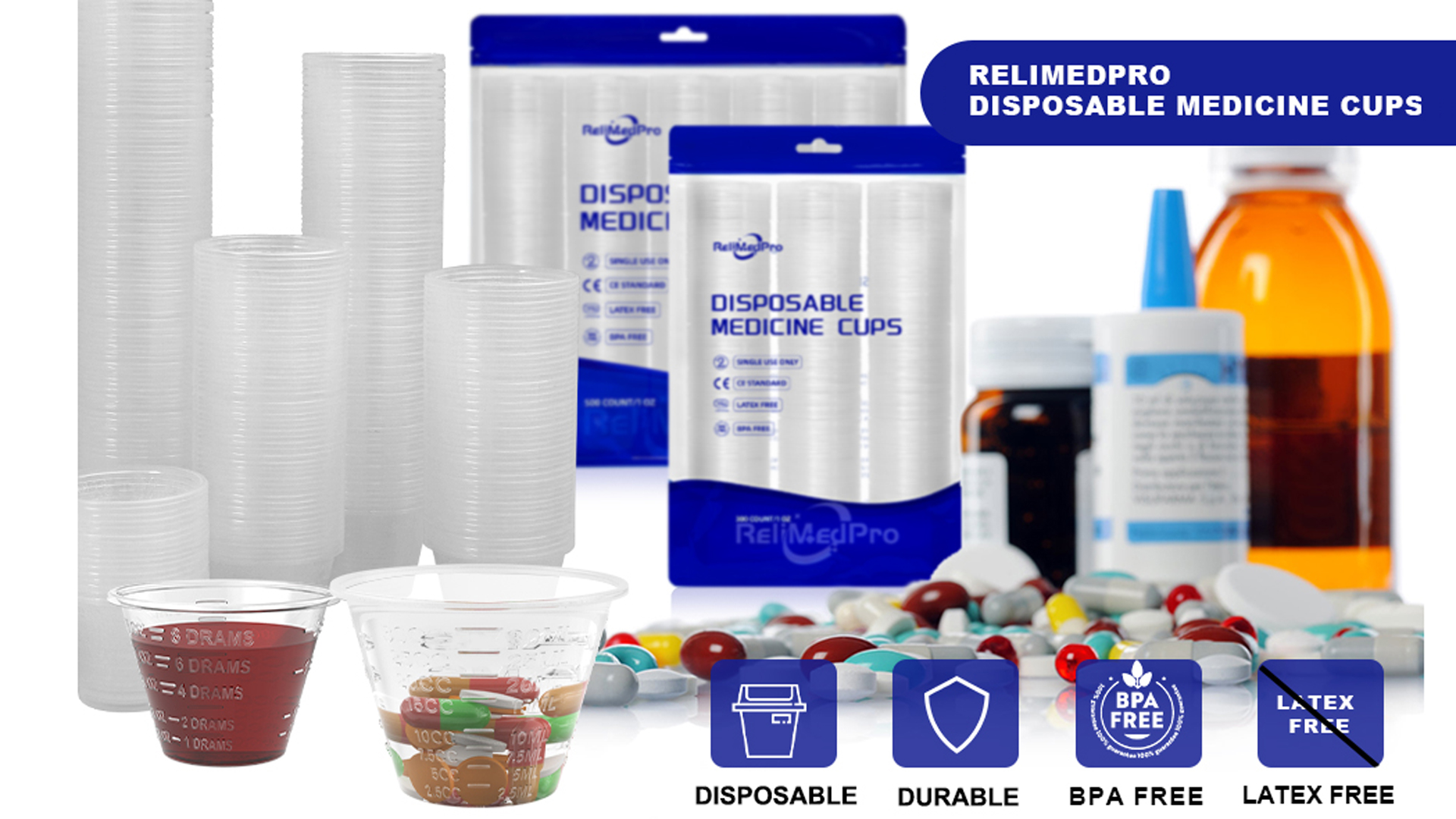 thumbnail video image 2 of ReliMedPro Disposable Medicine Dosing Cups Graduated, pack of 500, 1 oz Small Plastic Measuring Cup for Liquid Medication, Paint, Epoxy, Pill and Resin., 2 of 8