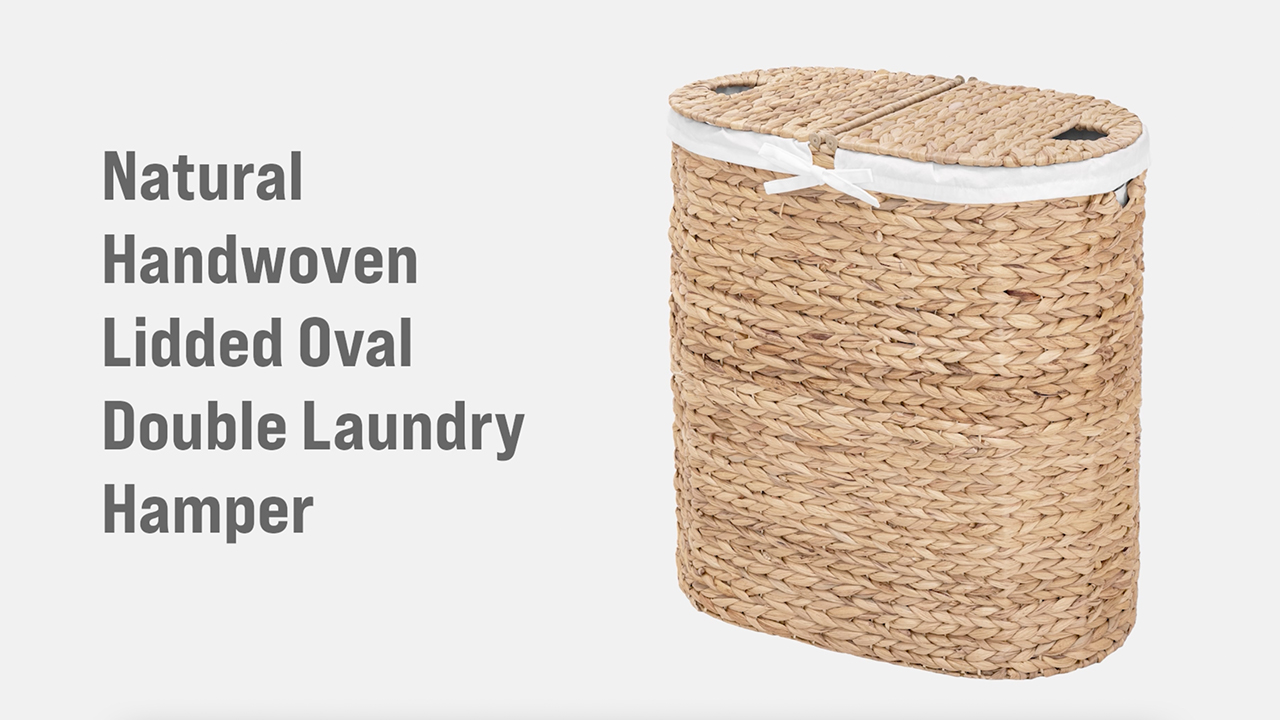 thumbnail video image 2 of Seville Classics Premium Handwoven Portable Laundry Bin Basket with Carrying Handles, Household Storage for Clothes, Linens, Sheets, Toys, Water Hyacinth, Oval Hamper, 2 of 11