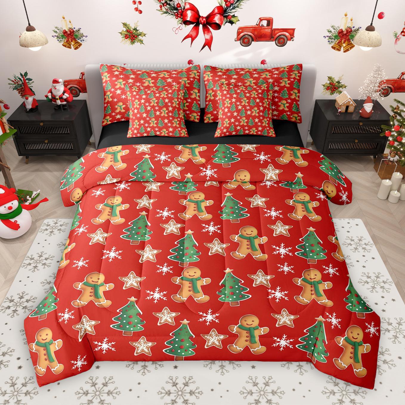 thumbnail video image 2 of Manfei Merry Xmas 7 Pieces Bedding Comforter Set,Lovely Gingerbread Man Full Bedding Set,Brown Beige Fitted Sheet Flat Sheet For Girls,Luxury Bedroom Decor Reversible, 2 of 9