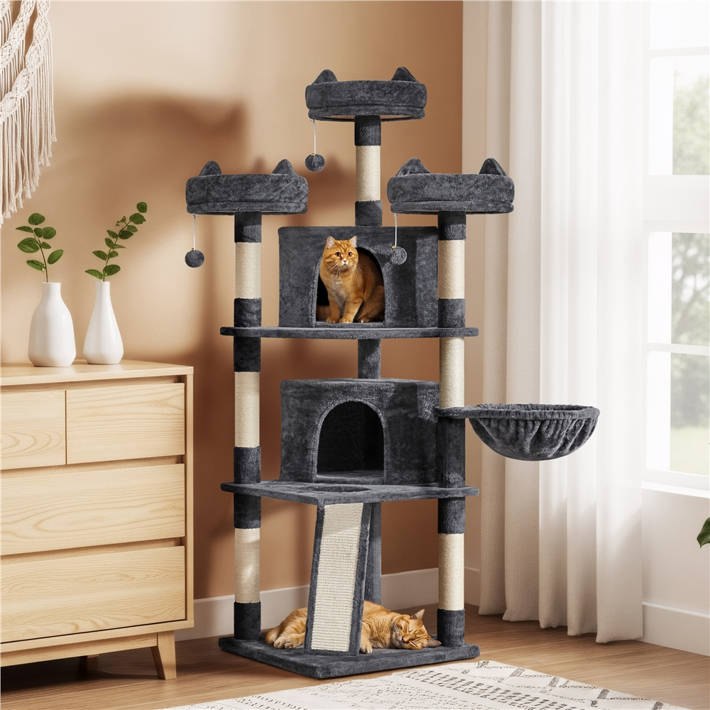 thumbnail video image 2 of Yaheetech 68.9'' Large Cat Tree Tower with 2 Condos and Scratching Post, Dark Gray, 2 of 11