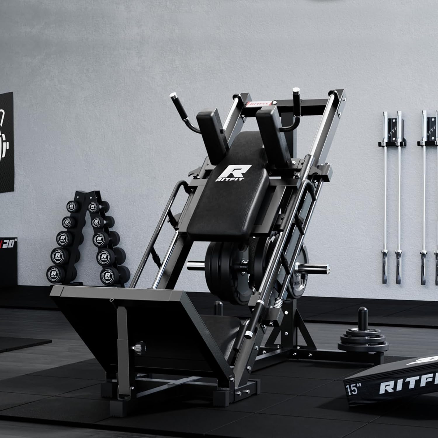 thumbnail video image 2 of RitFit Leg Press Hack Squat Machine, Professional Adjustable Leg Press Machine for Home Gym with Linear Bearing and Weight Storage Posts, Full Lower Body Workout, Black, 2 of 10