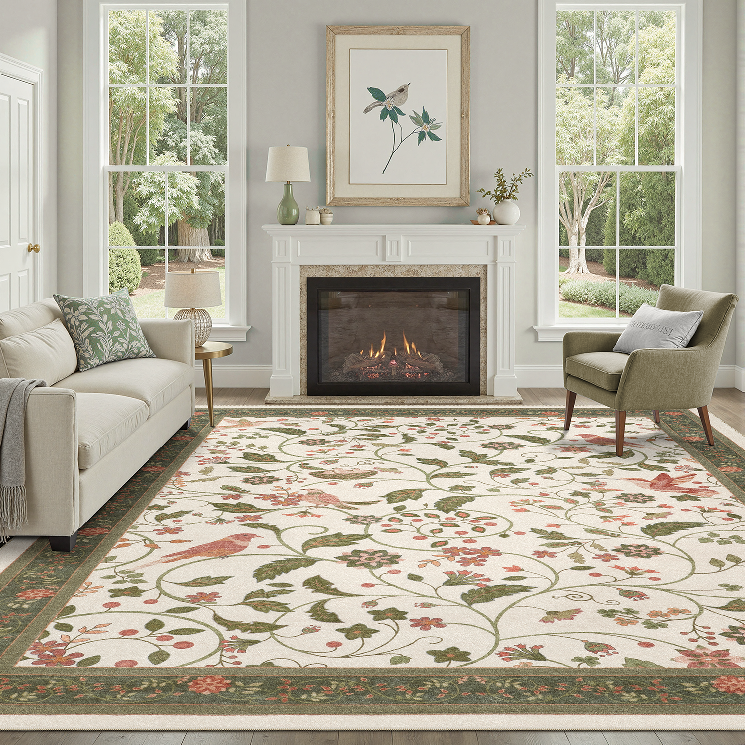 thumbnail video image 2 of Vintage Floral Area Rug 5x7, Machine Washable Botanical Bird Rug Non Slip Soft Low Pile Carpet for Living Room, Bedroom, Reading Nook-Olive Green, 2 of 9