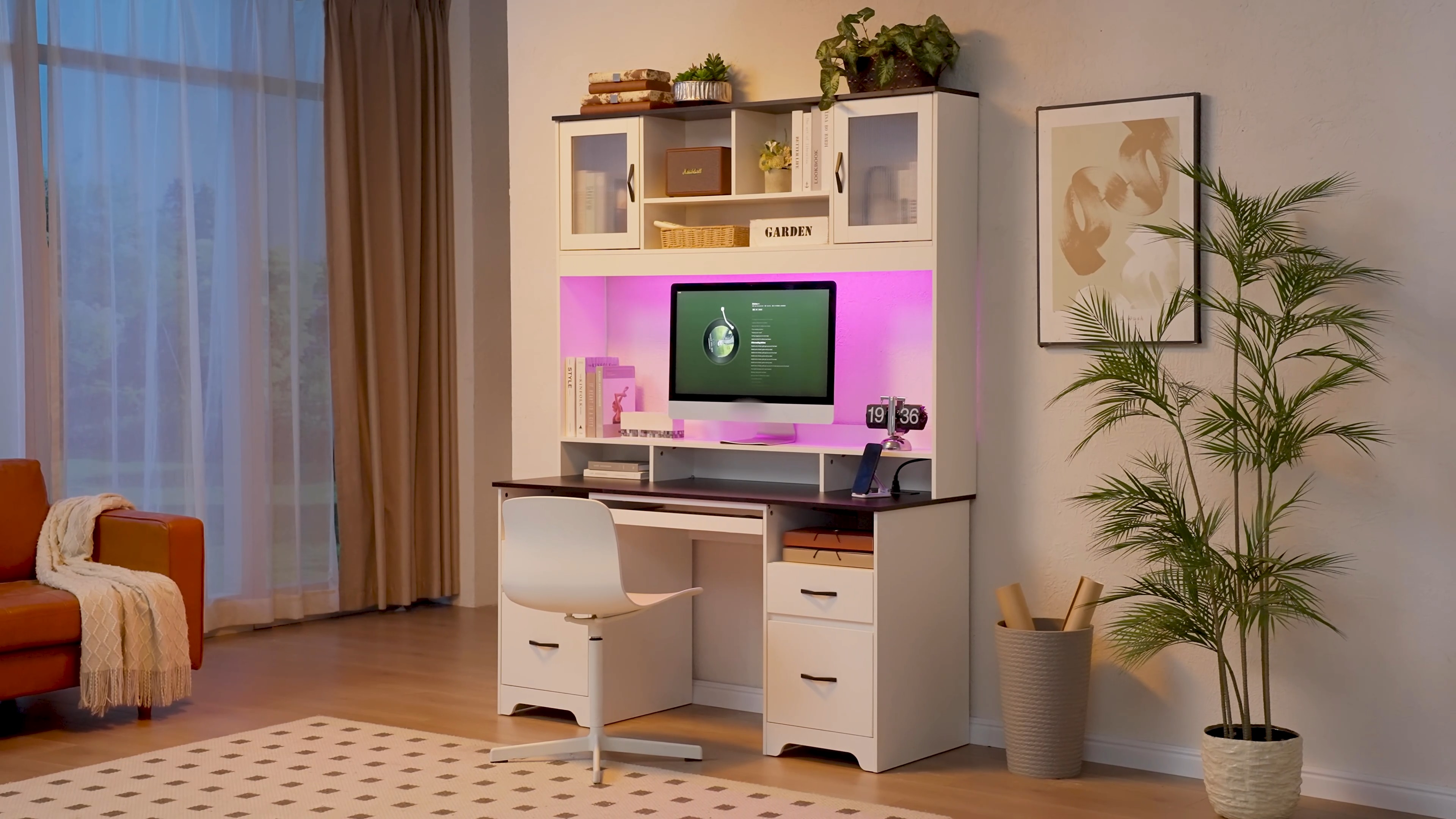 thumbnail video image 2 of Bestier Executive Desk with Hutch, 77.8" H Modern Wood Computer Desk with Drawers,Charging Station, LED Light, Fluted Storage Cabinet, Keyboard Tray, 59" W Office Desk for Home Office, Black, 2 of 12