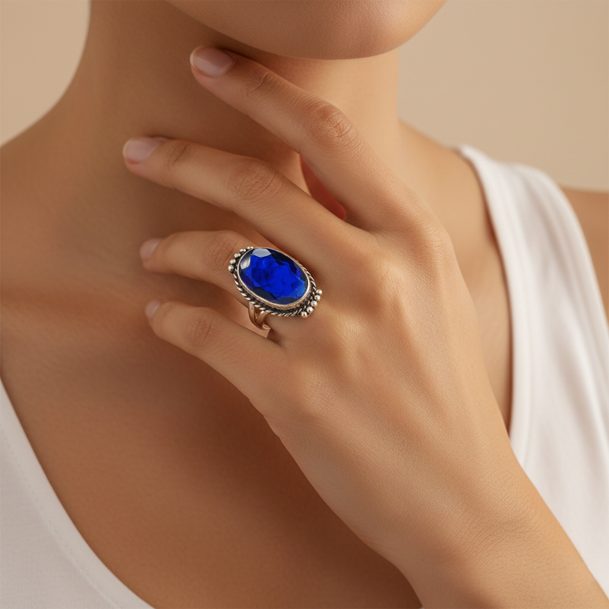thumbnail video image 2 of Blue Sapphire Gemstone Ring for Women 925 Sterling Silver Handmade Vintage Jewelry September Birthstone Ring Boho Statement Ring Size US 4.5, 2 of 7