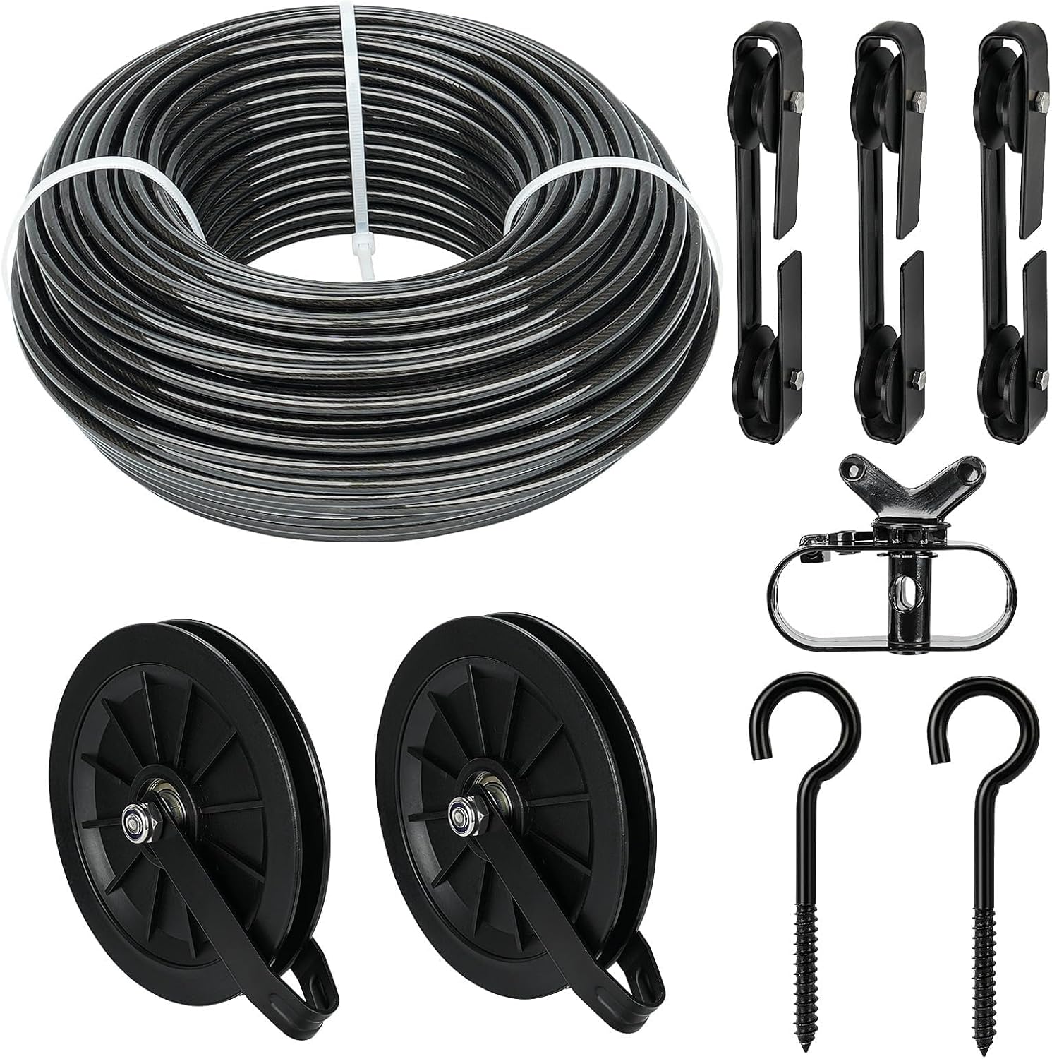 thumbnail video image 2 of Tootaci 150ft Clothesline Outside Kit, Black Pvc Coated Heavy Duty Stainless Steel Wire with 2PCS 6.3" Pulley, M8 Metal Hooks, 3 Separator, 2 of 8