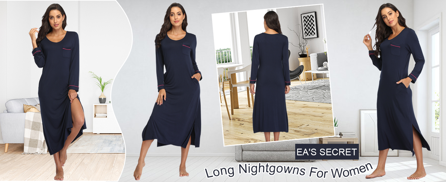thumbnail video image 2 of EA'S SECRET Womens Nightgown Full Length Casual Loungewear Long Sleeve V Neck Nightshirt with Pockets(Black,2XL), 2 of 9