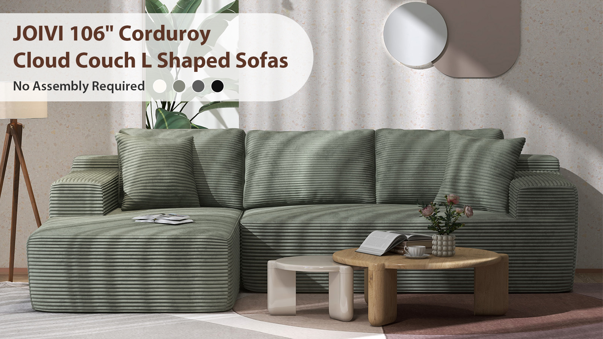 thumbnail video image 2 of JOIVI Indoor Modular Sectional Sofa, 106" Corduroy Cloud Couch L Shaped Sofas with Deep Seat, Comfy Fluffy Plush Couches, No Assembly Required, Left Chaise, Black, 2 of 10