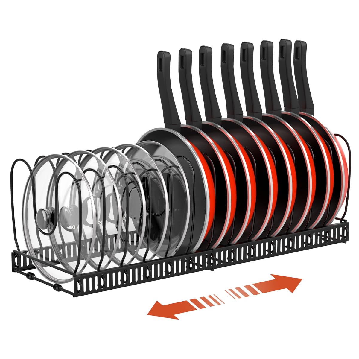 thumbnail video image 2 of Housolution Pot and Pan Organizer, Expandable Pot Lid Organizer Rack with 14 Adjustable Dividers for Kitchen, Under Cabinet, Cutting Board, Bakeware, Black, 2 of 8