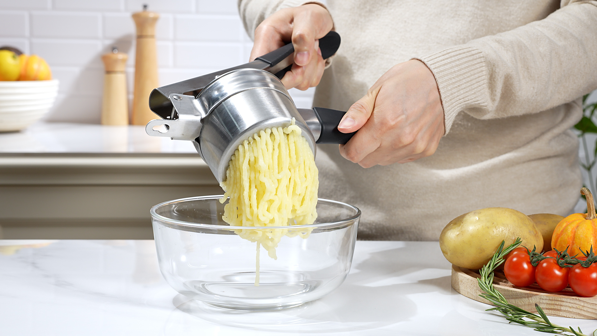 thumbnail video image 2 of Sopito Potato Ricer, Upgraded Stainless Steel Potato Masher with 3 Interchangeable Discs, Heavy Duty Kitchen Tool Gadget, 2 of 8