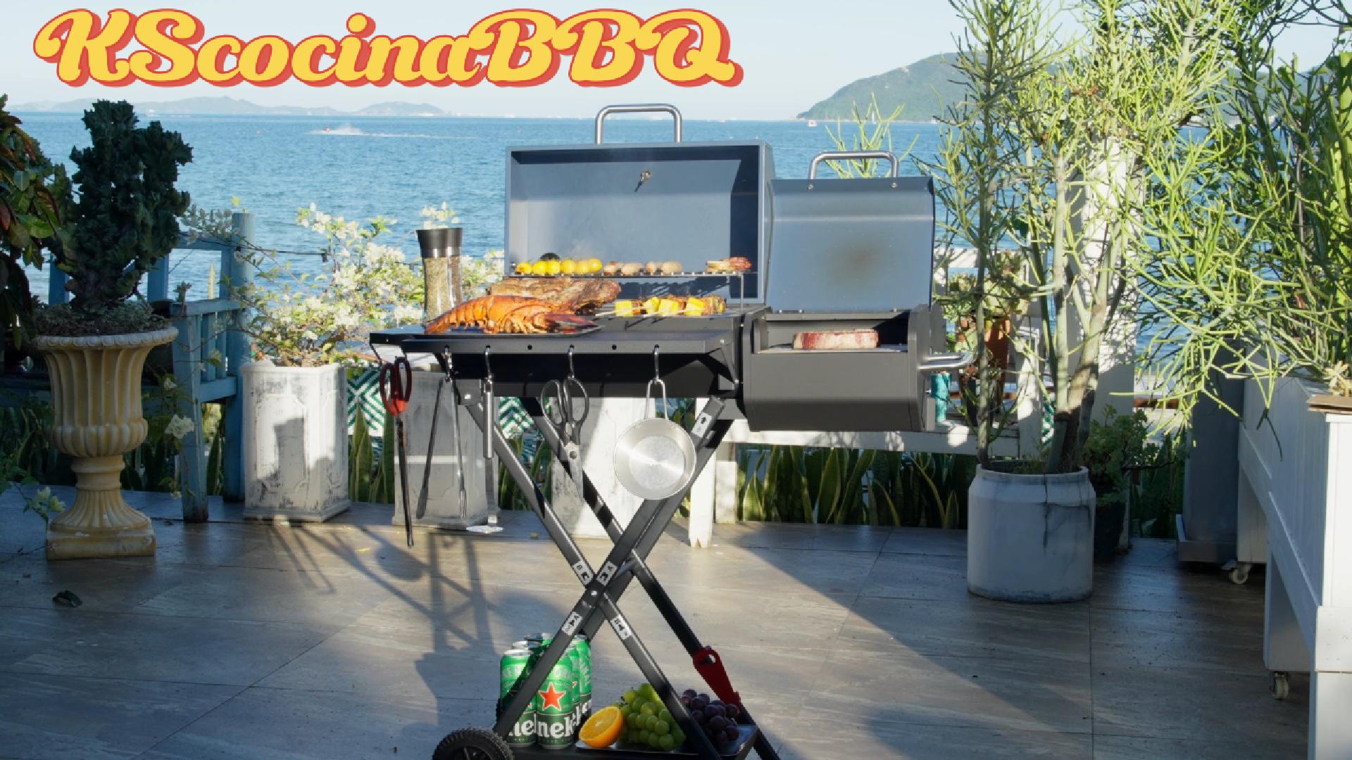 thumbnail video image 2 of KScocina Portable Charcoal Grill with Smoker, Foldable Suitcase BBQ Grill with Wheels, Multi-Tier Storage Rack & Waterproof Cover, Blue – Outdoor BBQ & Camping, 2 of 9