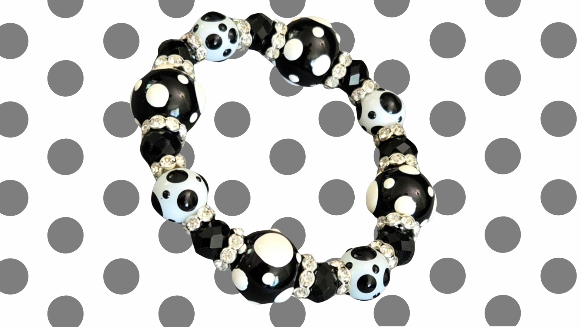 thumbnail video image 2 of Polka Dots Glass Beaded Stretch Bracelet, Black Jewelry, Christmas Birthday Gift Idea, 1 pc, 2 of 10