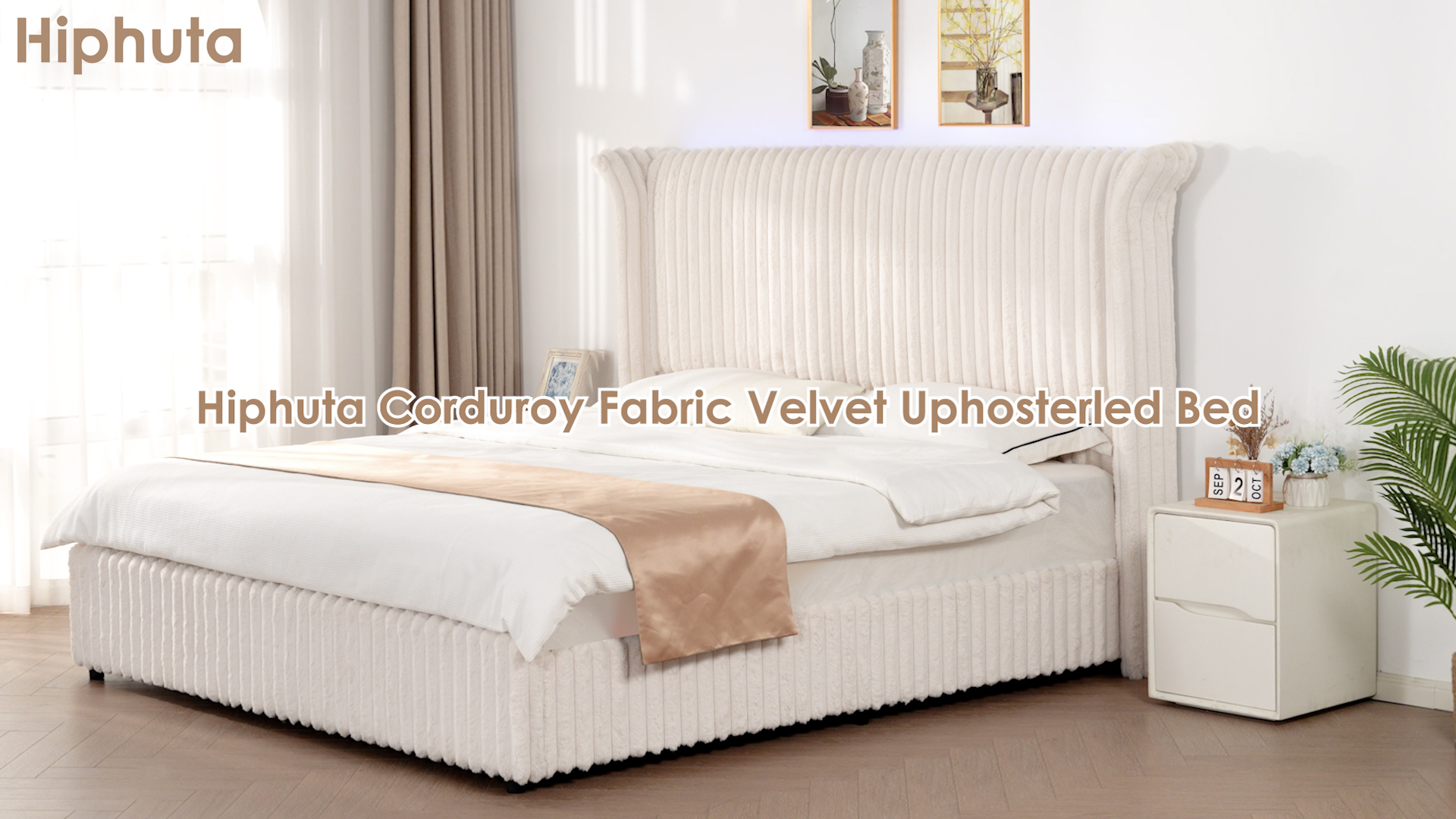 thumbnail video image 2 of Hiphuta Modern Queen Size Corduroy Upholstered Bed Frame, LED Platform Bed Frame with 55"H Vertical Stripe Tufted Corduroy Velvet Wingback Headboard, Black, 2 of 9