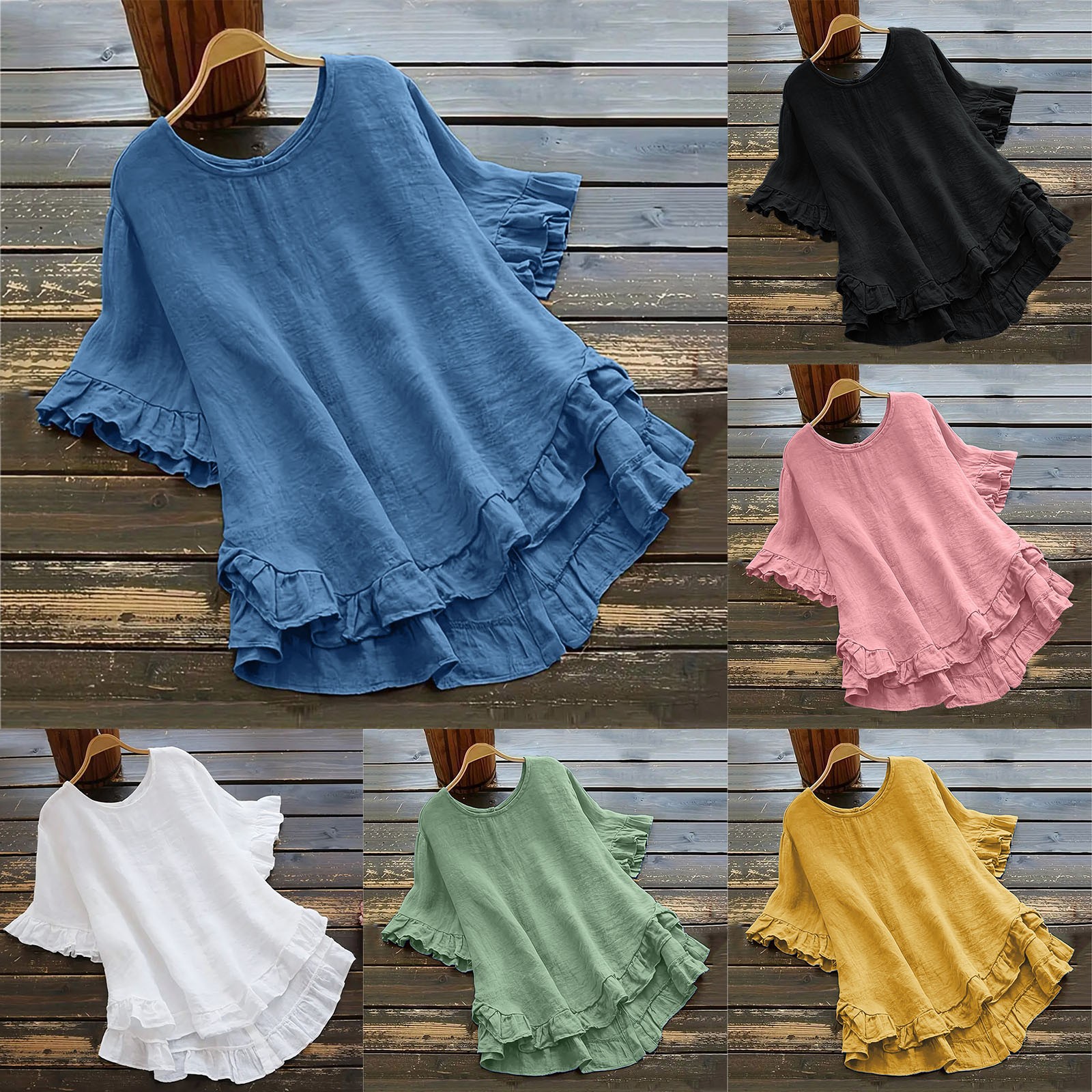 thumbnail video image 2 of WREESH Womens Blouses Spring Summer Solid Color Casual Loose Fashion T-Shirt Short Sleeve Round-Neck Button Tops Ramie Blouse Yellow, 2 of 8