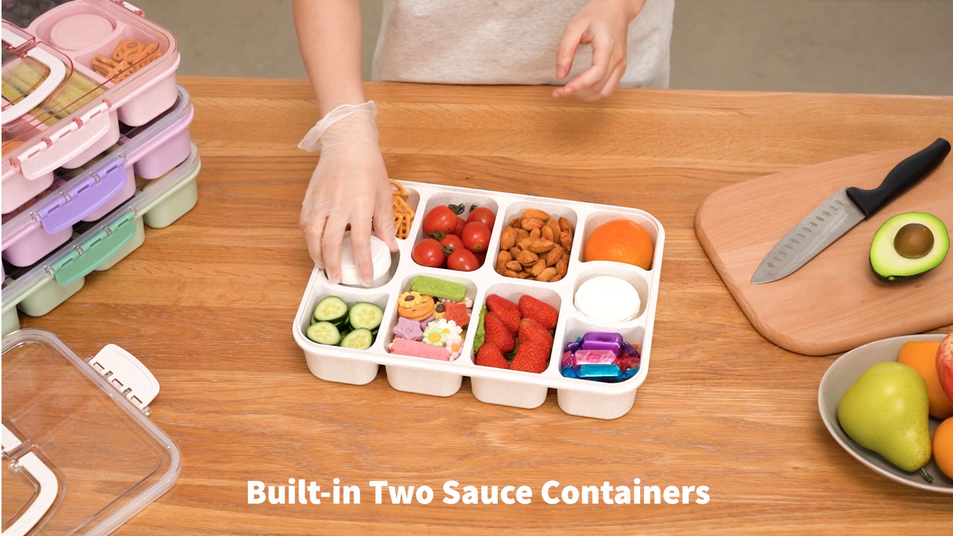 thumbnail video image 2 of Caperci All-in-One ​Snack Tray with Lid and Handle - 10 Compartments and Built-in 2 Sauce Cups Portable Snackle Box for Travel, Dishwasher Safe, Leak-Proof, BPA-Free (Green), 2 of 8