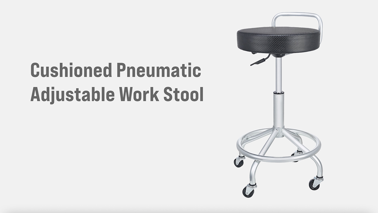 thumbnail video image 2 of Seville Classics Modern Ergonomic Pneumatic Height Adjustable 360-Degree Swivel Stool Chair, for Drafting, Office, Home, Garage, Work Desk, Black, Cushioned Seat w/ Wheels, 2 of 10